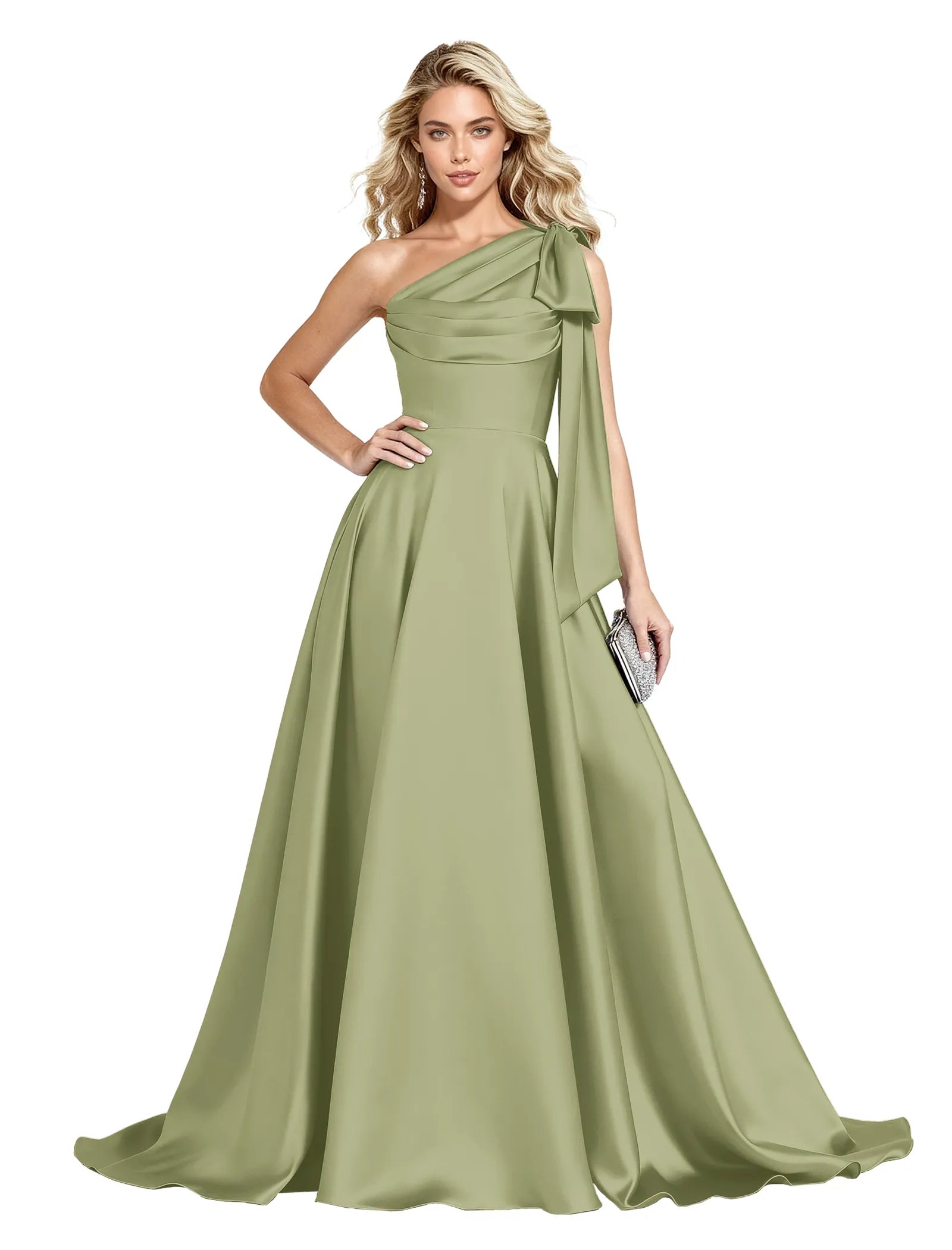 One Shoulder Satin Formal Dress with Bow Back