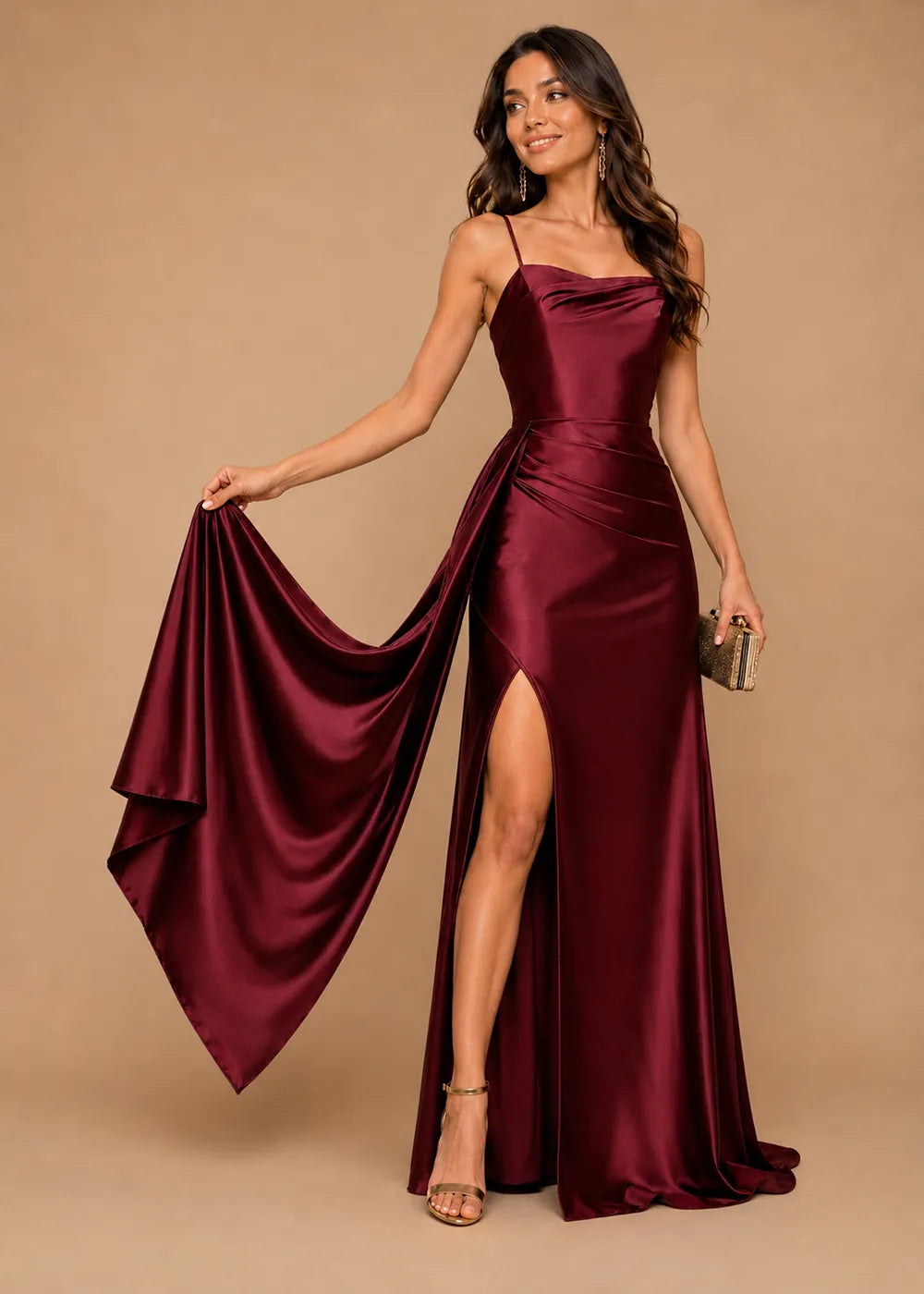 Elegant Satin Draped Panel Floor Length Evening Dress