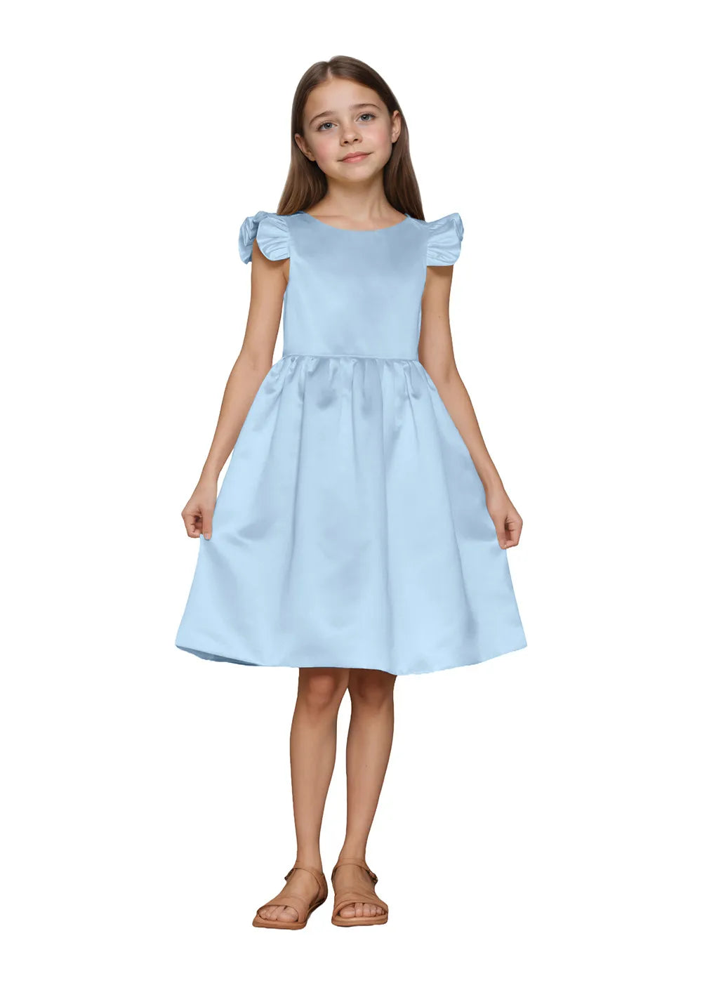 Ruffle Sleeve Satin Formal Dress with Pearl-Trimmed V Back