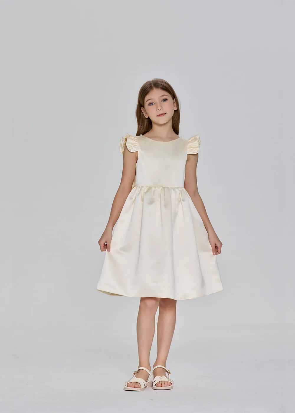 Ruffle Sleeve Satin Formal Dress with Pearl-Trimmed V Back