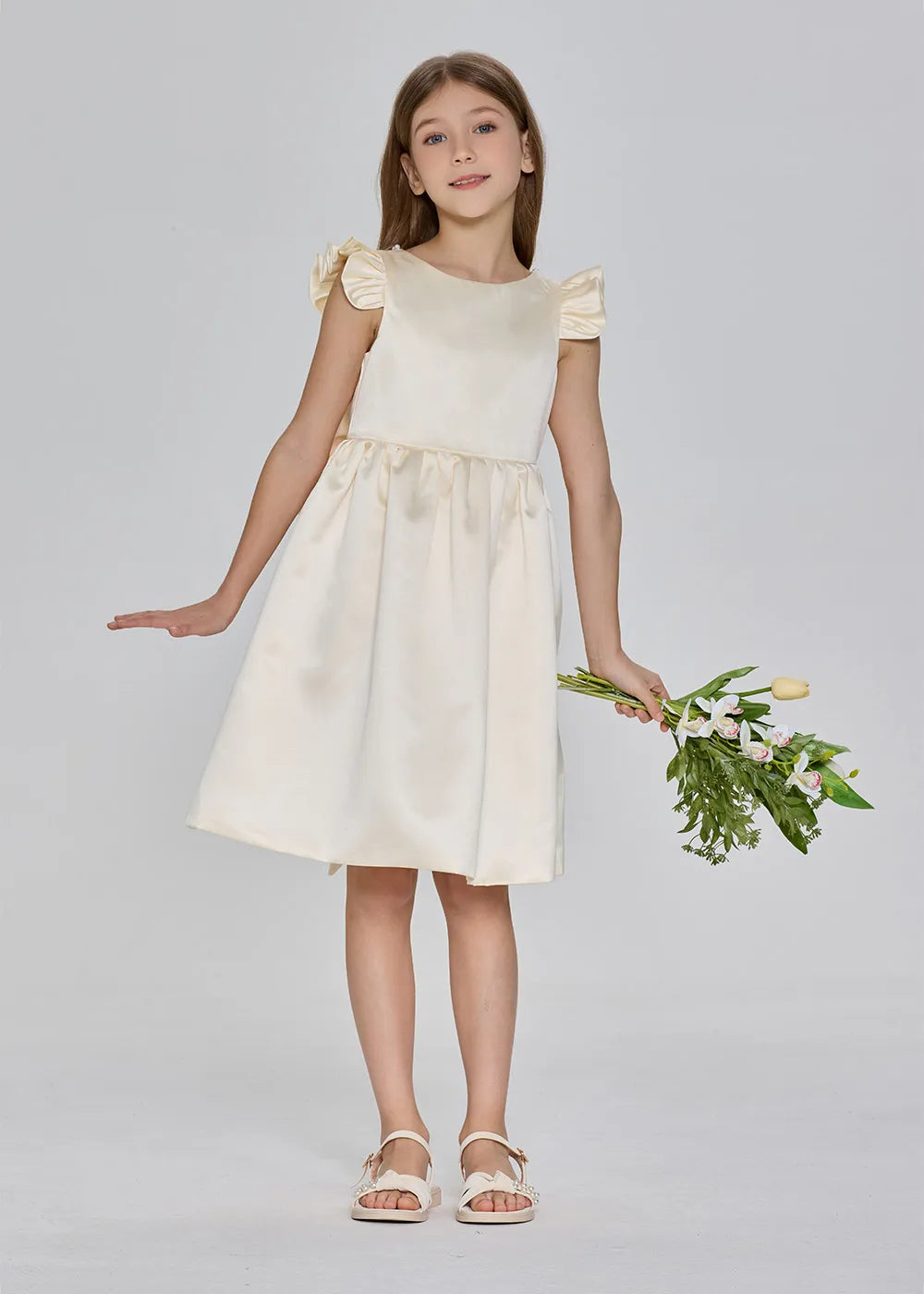 Ruffle Sleeve Satin Formal Dress with Pearl-Trimmed V Back