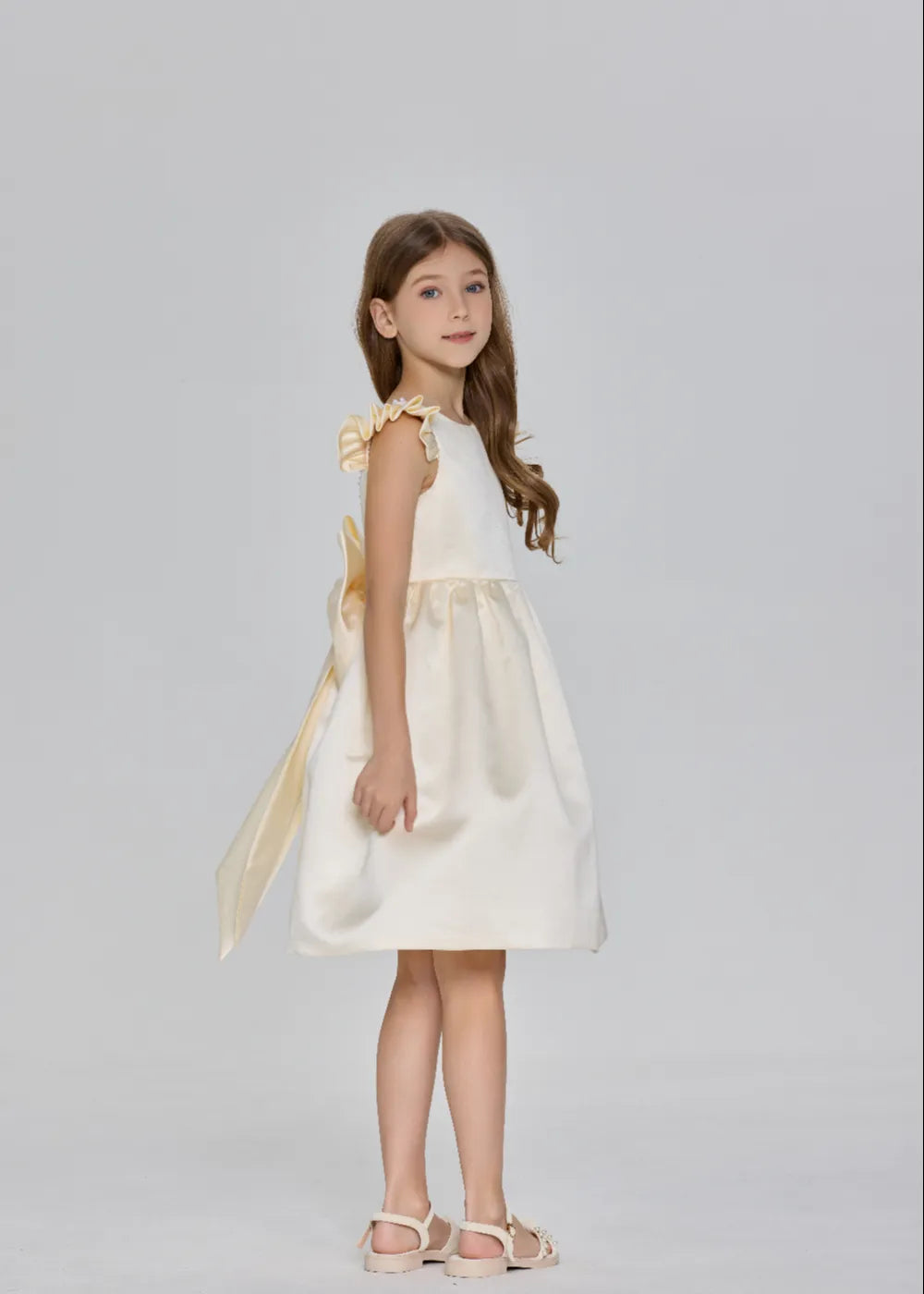 Ruffle Sleeve Satin Formal Dress with Pearl-Trimmed V Back
