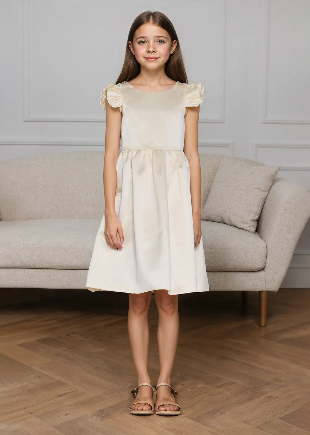 Ruffle Sleeve Satin Formal Dress with Pearl-Trimmed V Back