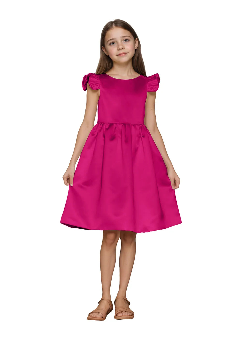Ruffle Sleeve Satin Formal Dress with Pearl-Trimmed V Back