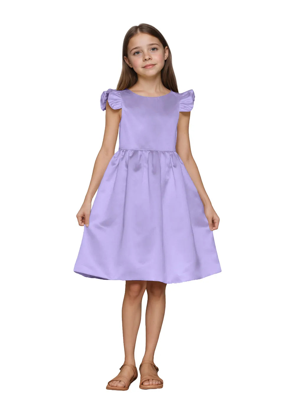 Ruffle Sleeve Satin Formal Dress with Pearl-Trimmed V Back