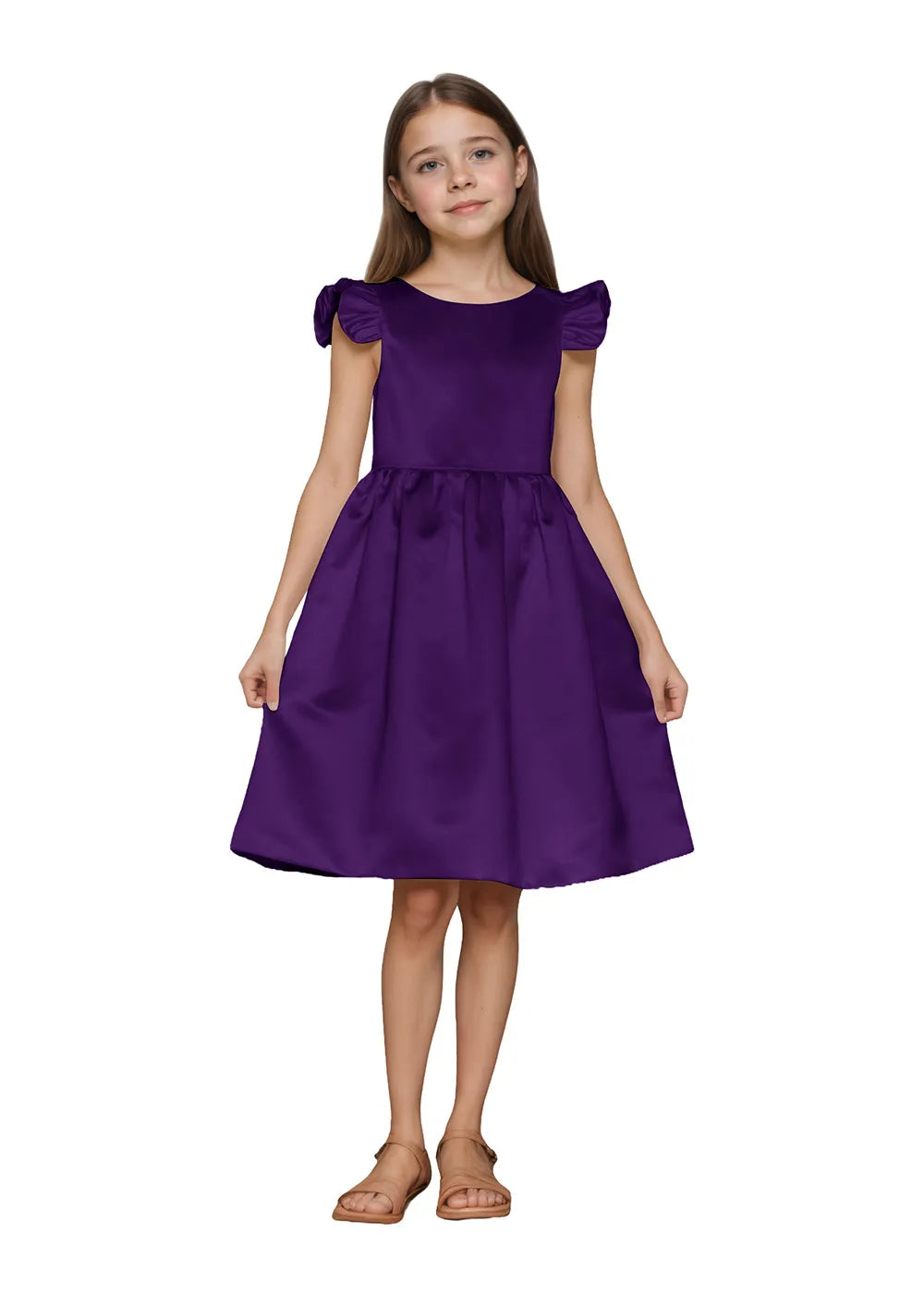 Ruffle Sleeve Satin Formal Dress with Pearl-Trimmed V Back