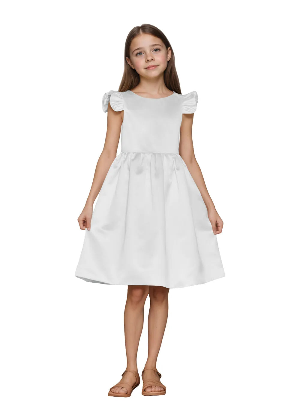 Ruffle Sleeve Satin Formal Dress with Pearl-Trimmed V Back