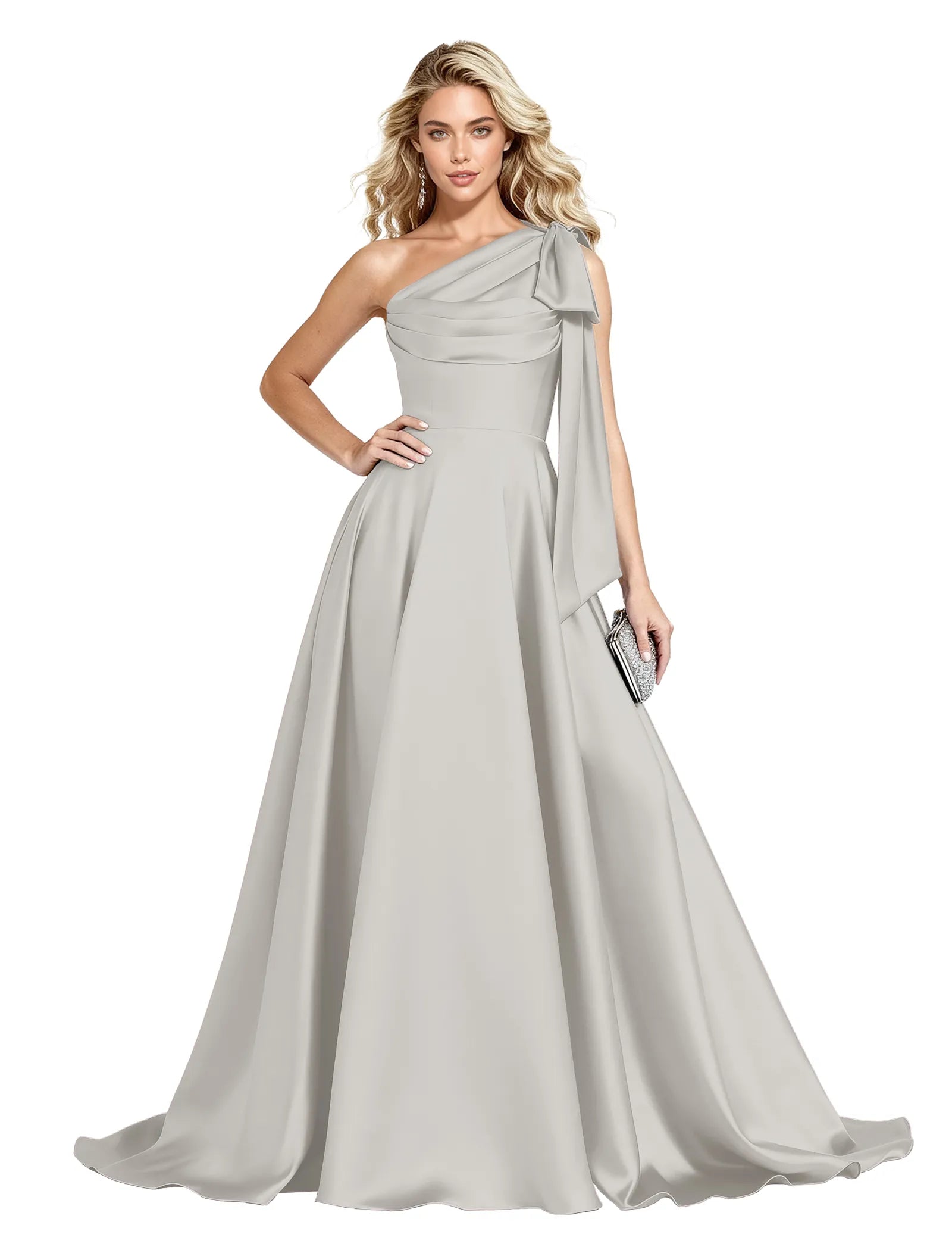 One Shoulder Satin Formal Dress with Bow Back
