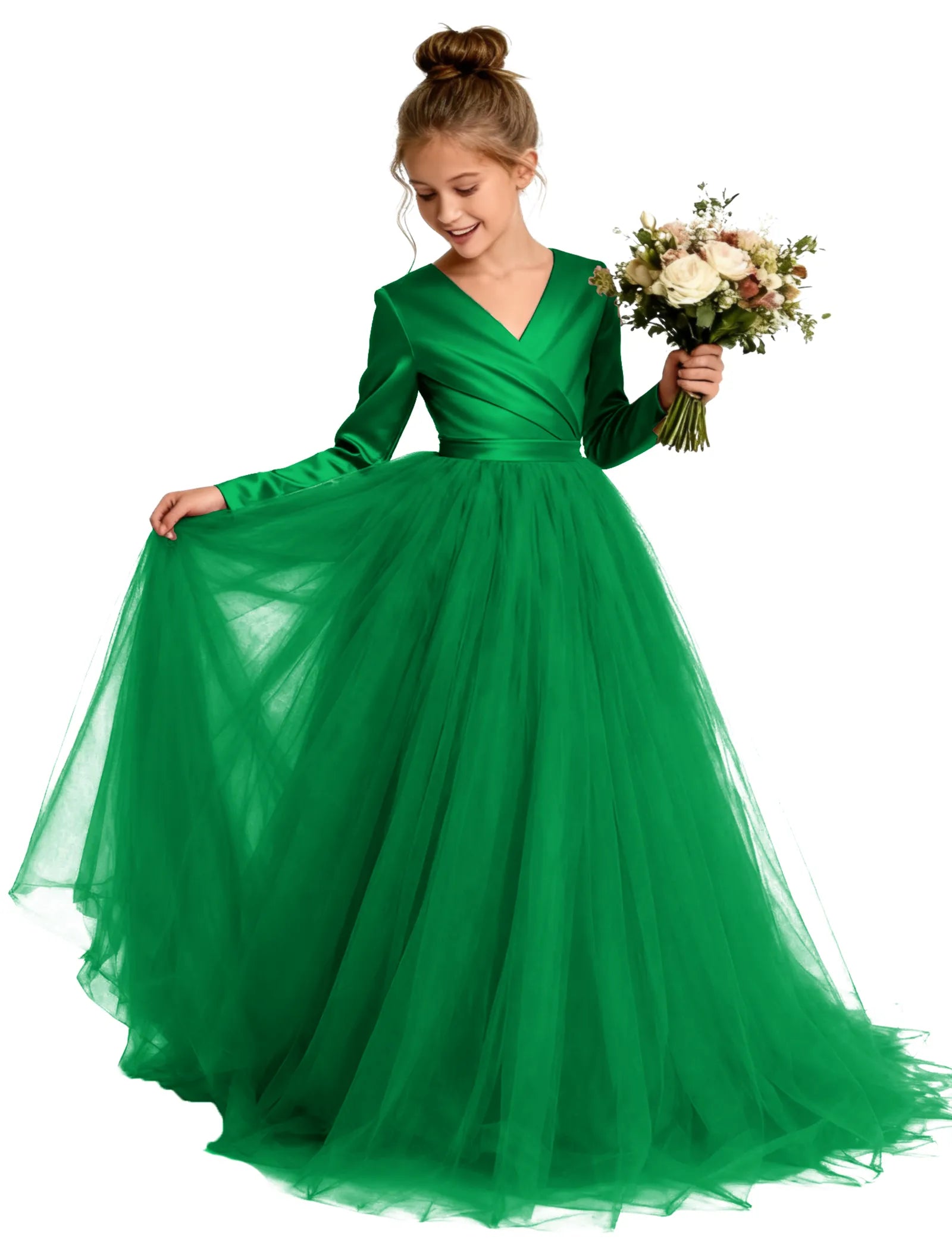 Long Sleeve Satin & Tulle Ball Gown for Girls