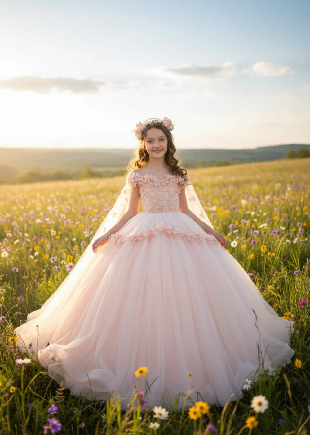 Dreamy Petal Cape Tulle Wedding Gown for Girls