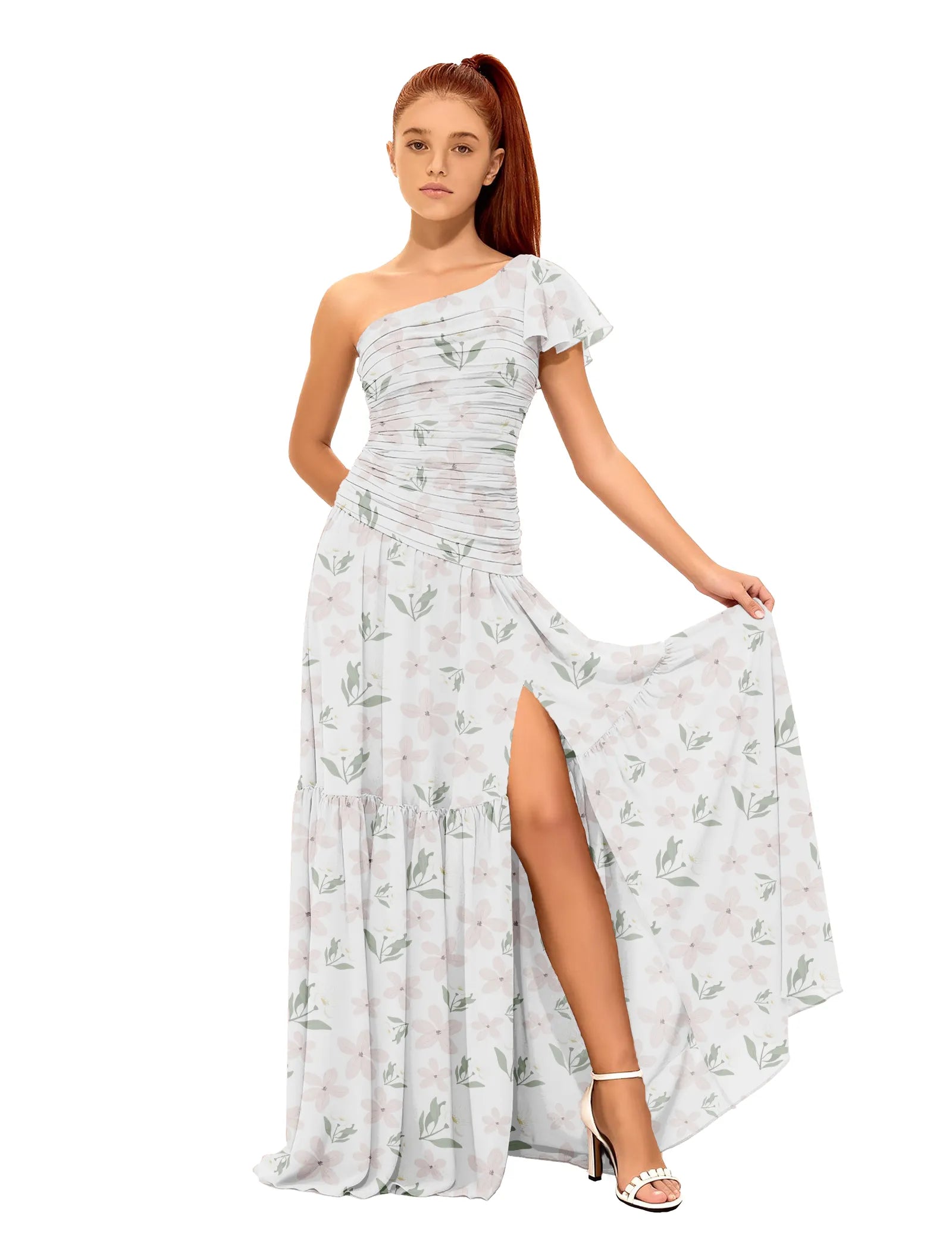 One-Shoulder Floral Maxi Dress with Slit for Girls