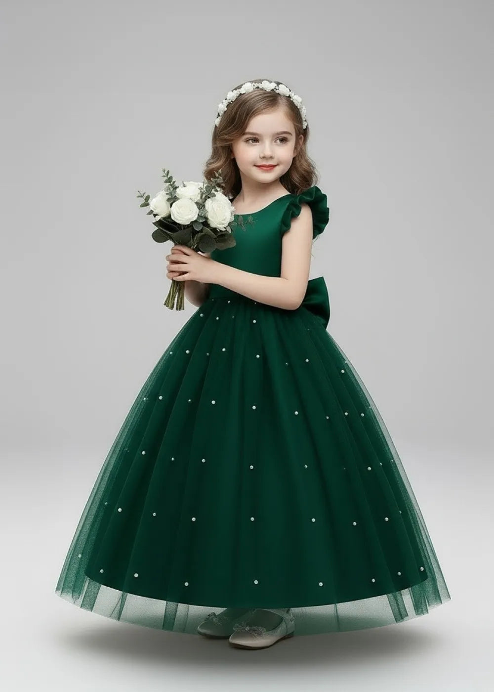 green emerald velvet dress Elegant Flower Girl Dress for Wedding – Girls Formal Tulle Princess Style