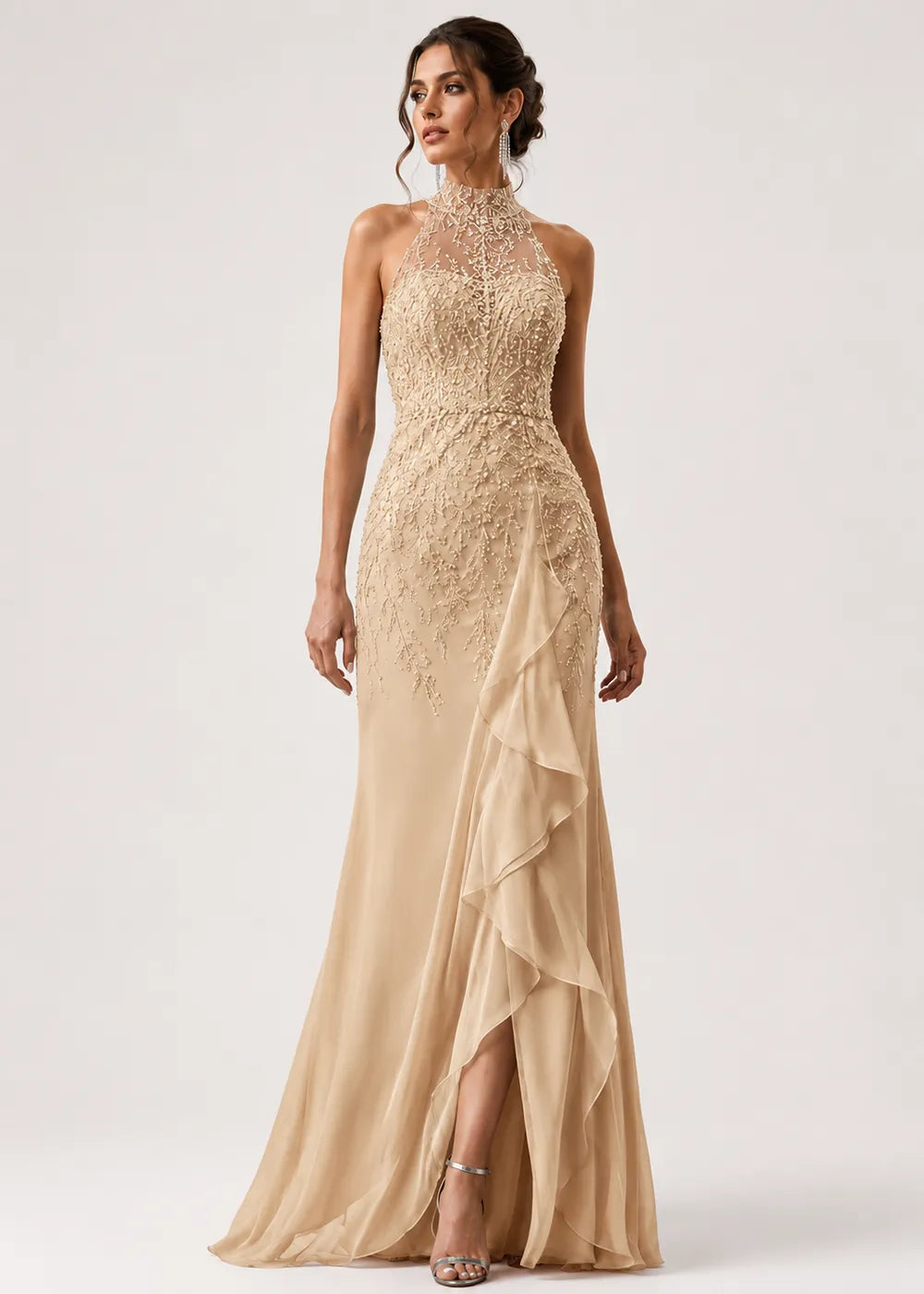 High-Neck Embellished Ruffle Formal Gown