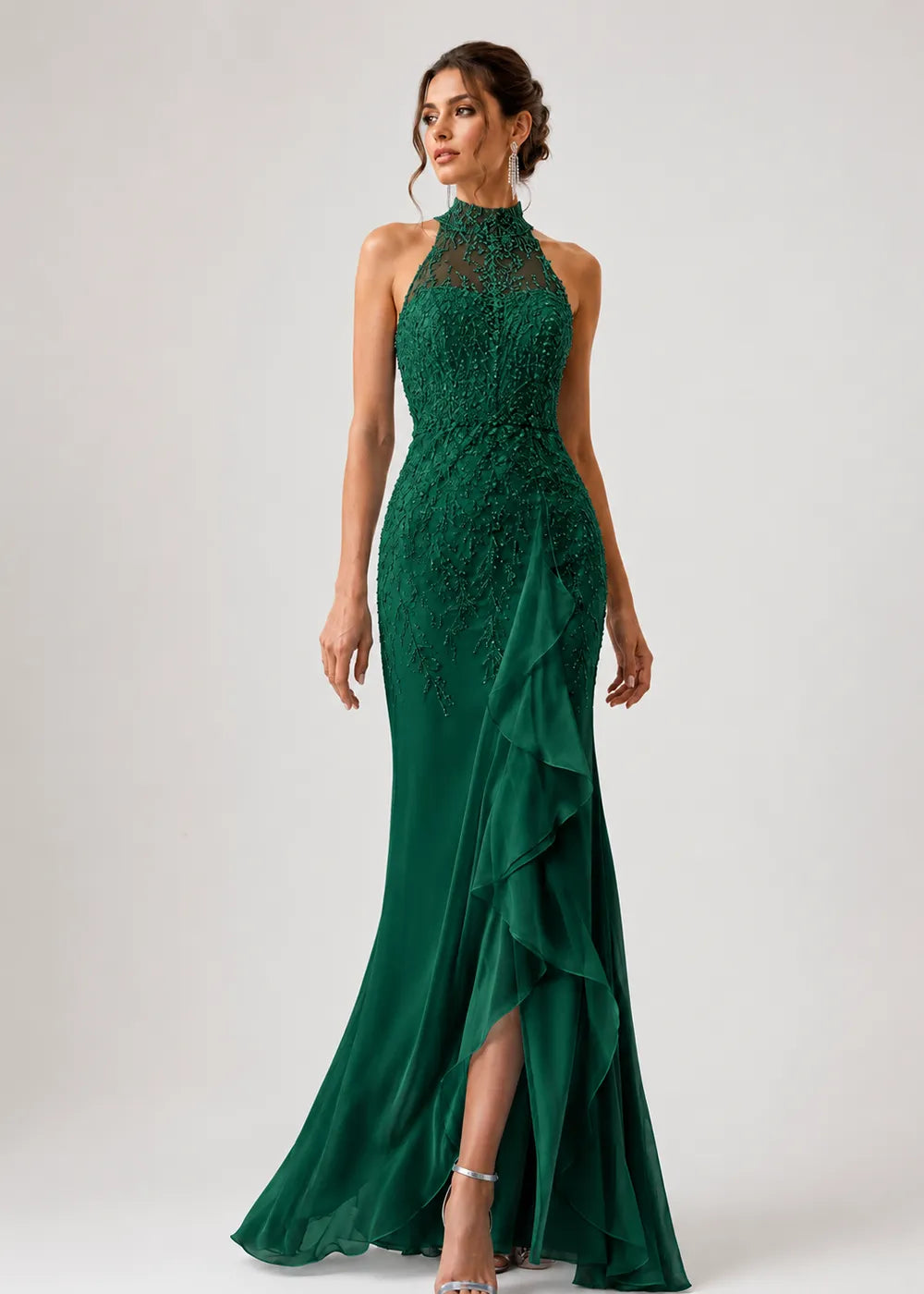 High-Neck Embellished Ruffle Formal Gown