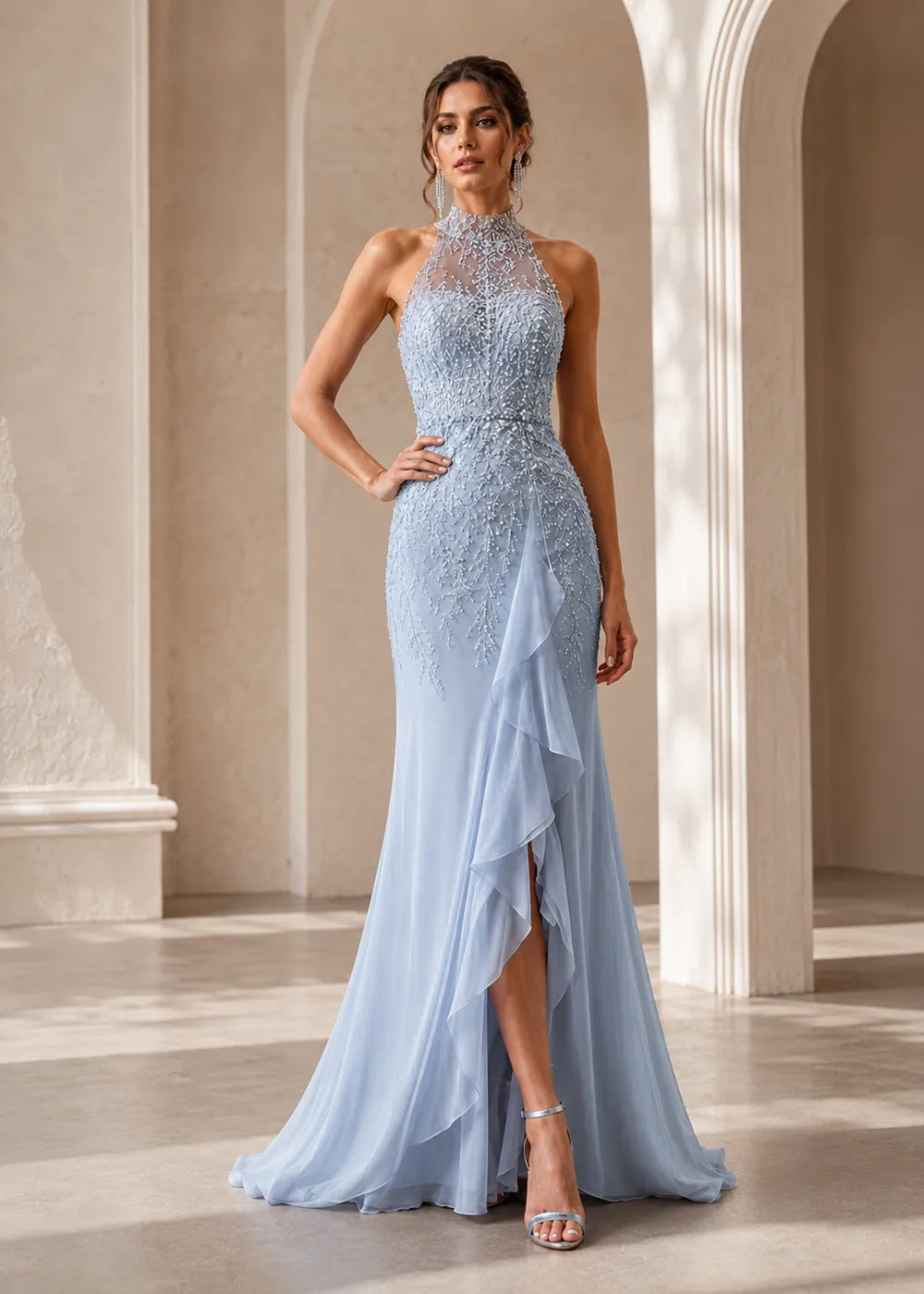High-Neck Embellished Ruffle Formal Gown