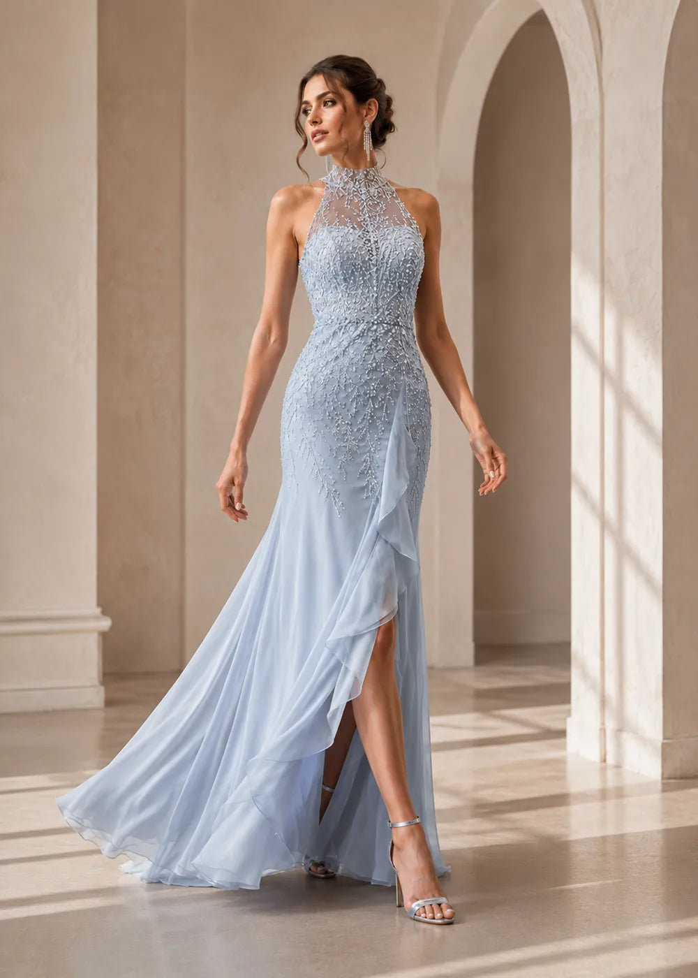 High-Neck Embellished Ruffle Formal Gown