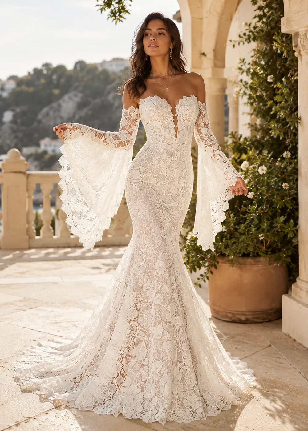 Dramatic Off-Shoulder Lace Mermaid Wedding Dress