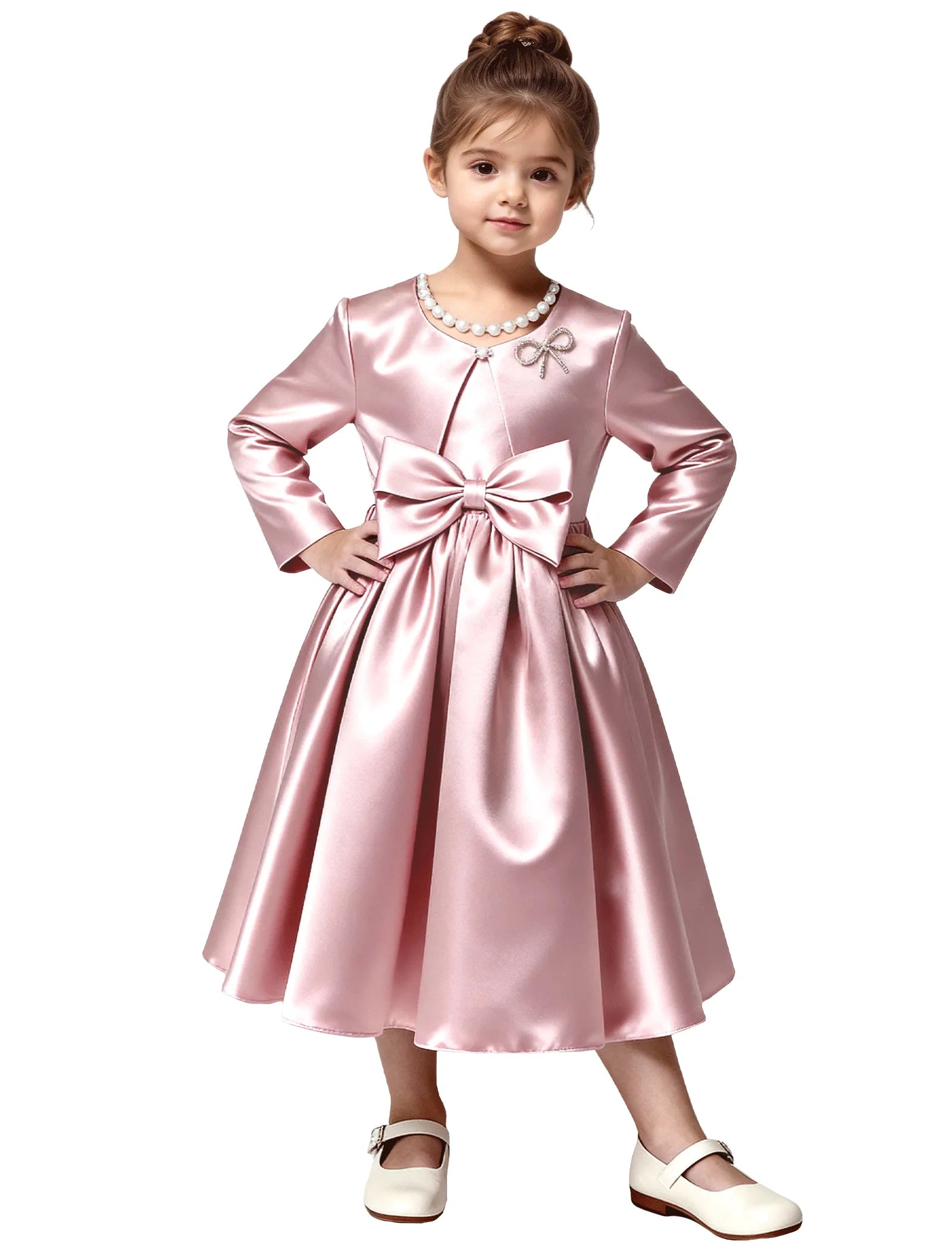 Elegant Satin Flower Girl Dress with Long Sleeves