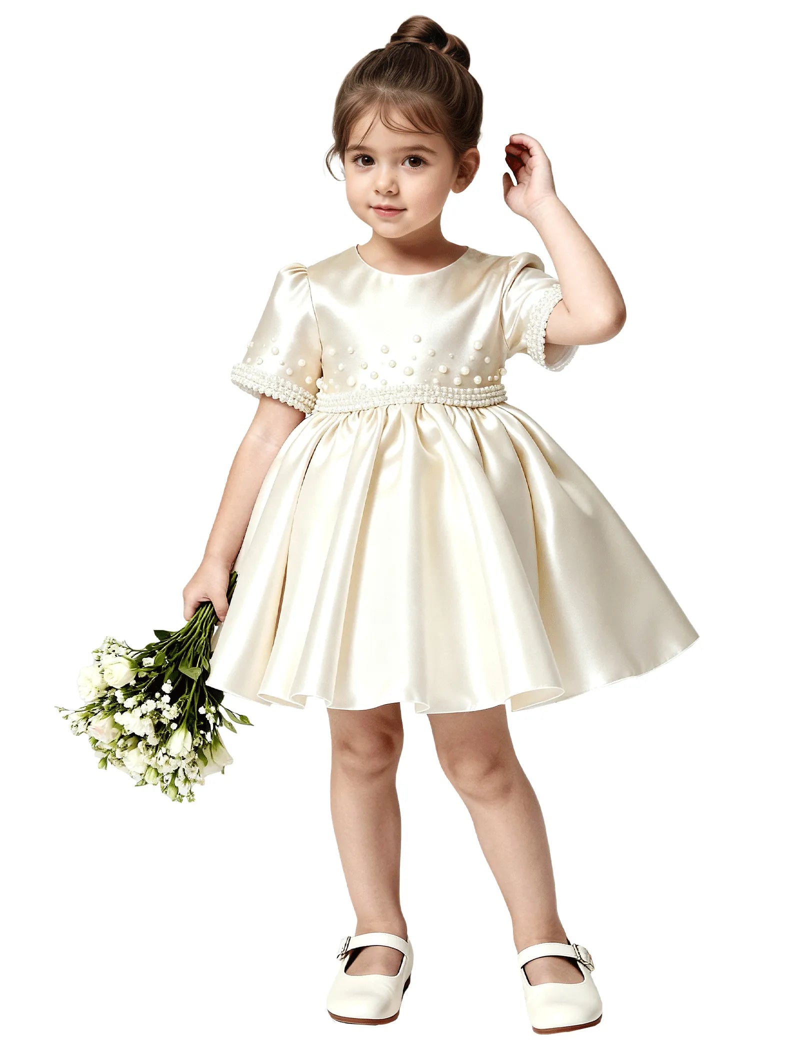 Girls Satin Flower Girl Dress with Pearl Sleeves and Bow