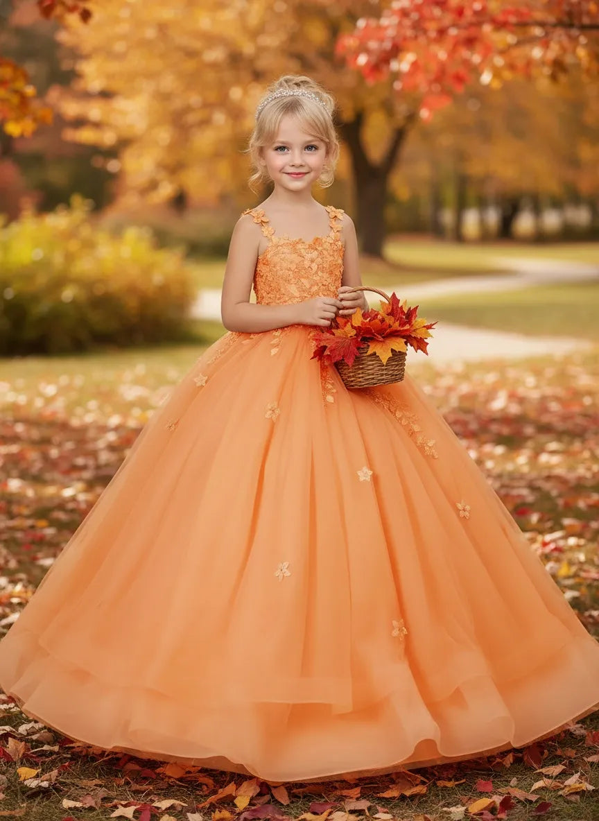 Elegant Tulle Party Dress for Girls with 3D Floral Straps | Fynony Elegant Tulle Party Dress for Girls with 3D Floral Straps | Fynony