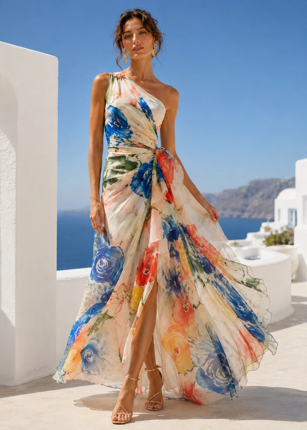 Ivory Abstract Floral One-Shoulder Chiffon Maxi Dress