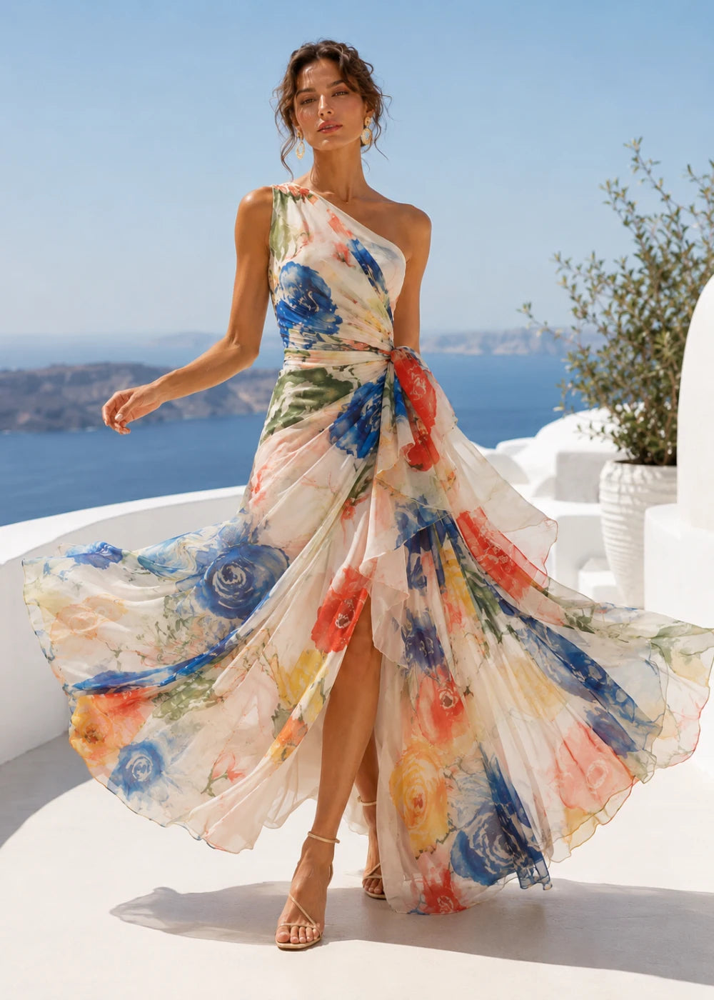 Ivory Abstract Floral One-Shoulder Chiffon Maxi Dress