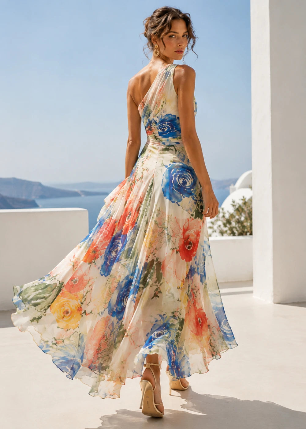 Ivory Abstract Floral One-Shoulder Chiffon Maxi Dress