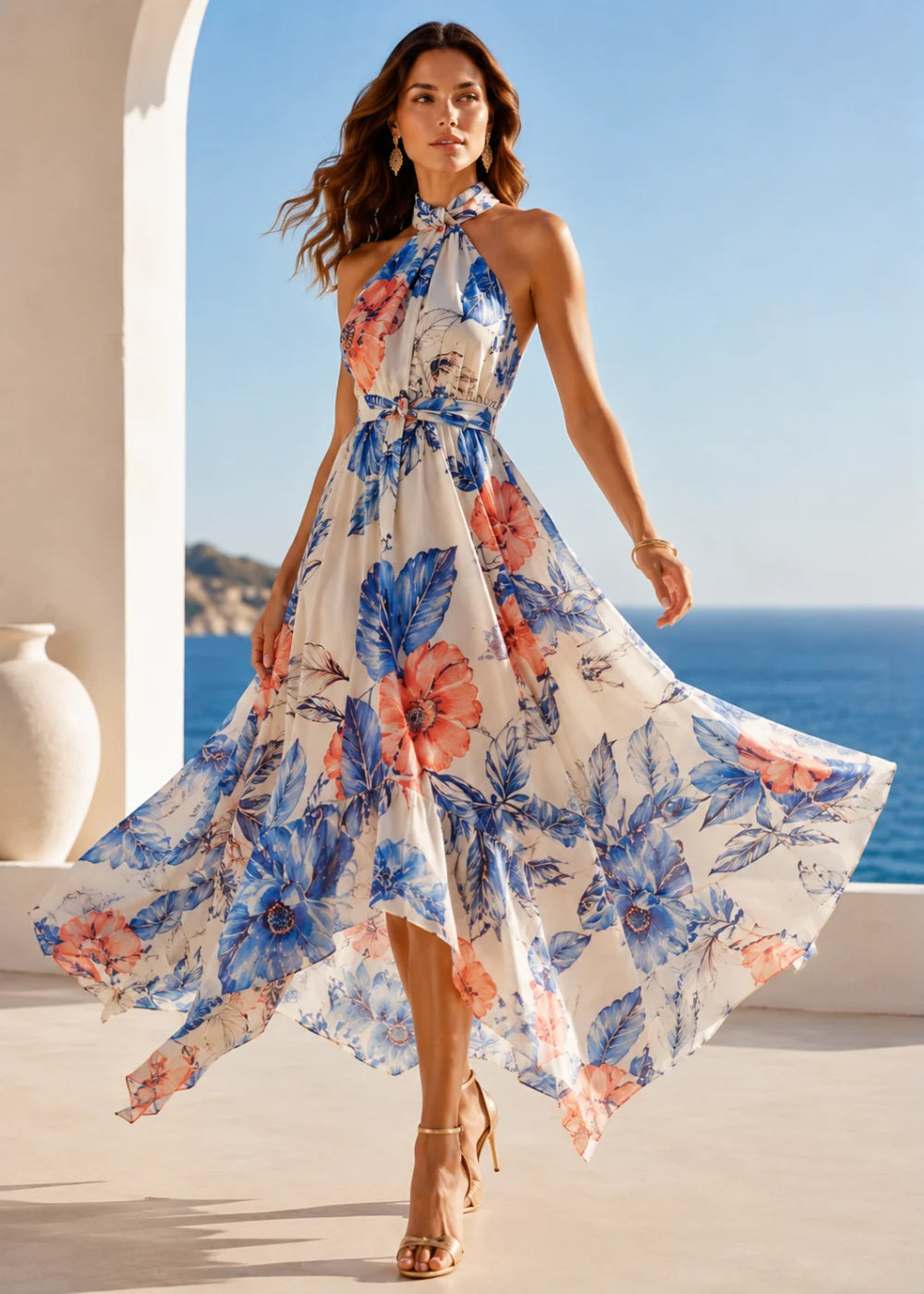 Ivory Blue Coral Floral Halter High-Low Chiffon Dress