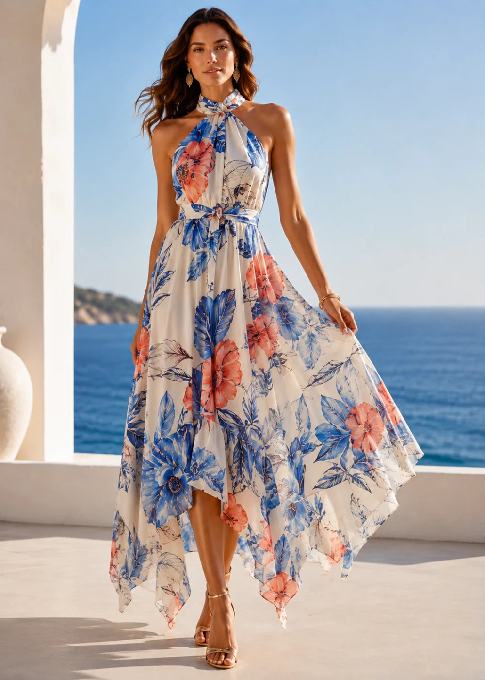 Ivory Blue Coral Floral Halter High-Low Chiffon Dress