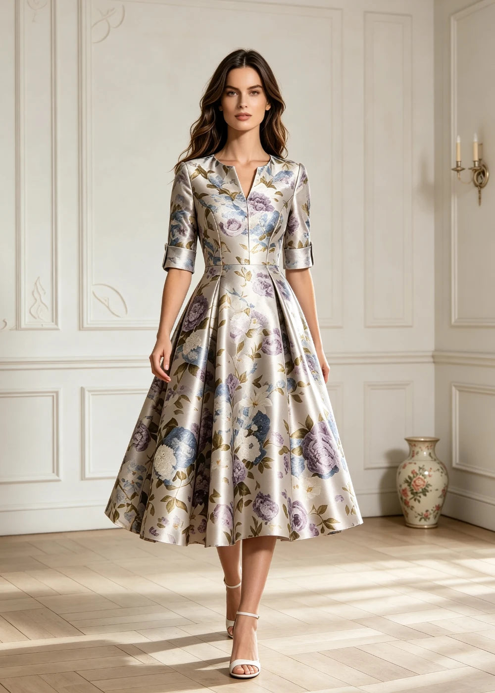 Ivory Floral Notched V-Neck Satin Midi Dress