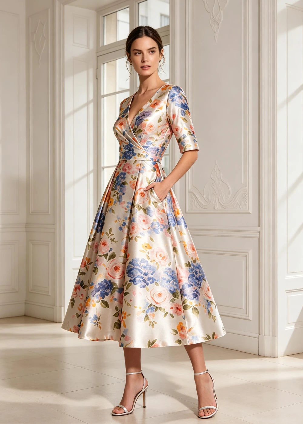 Ivory Floral V-Neck Satin A-Line Midi Dress