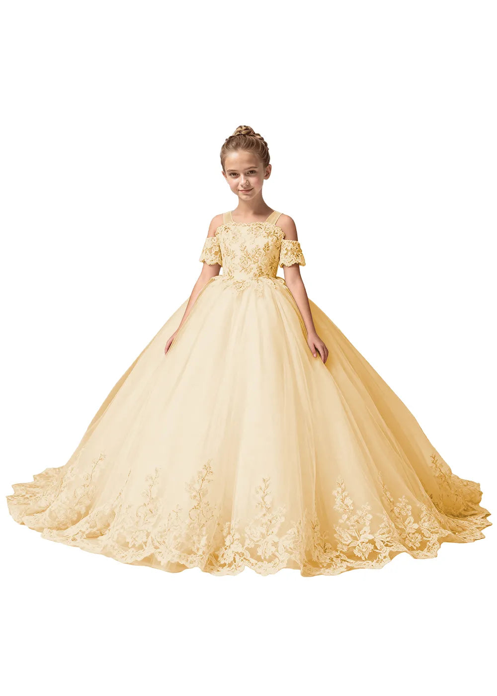 Off Shoulder Floral Embroidered Flower Girl Dress