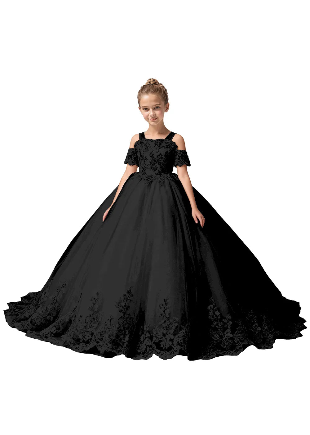 Off Shoulder Floral Embroidered Flower Girl Dress