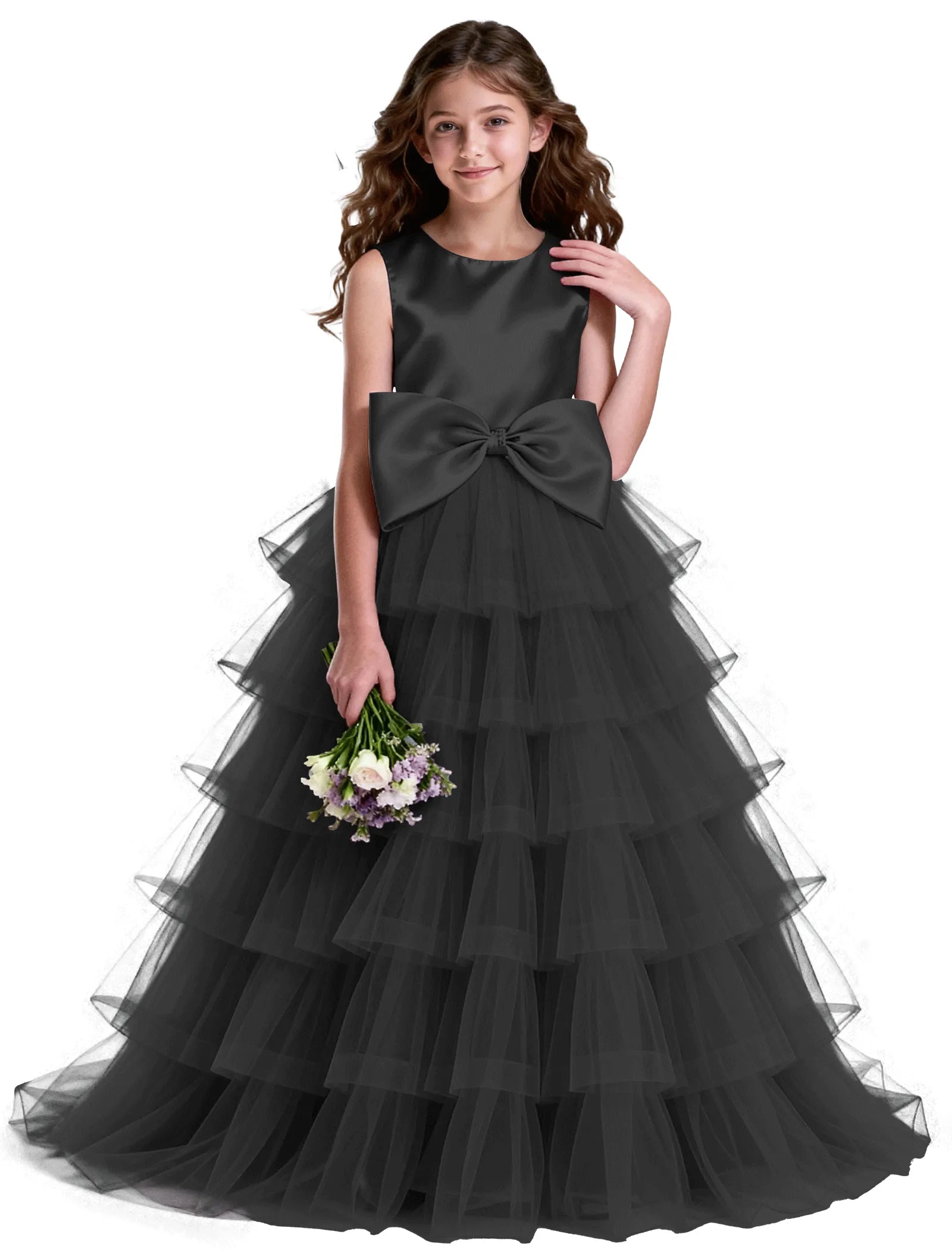 Layered Tulle Flower Girl Dress with Satin Bow