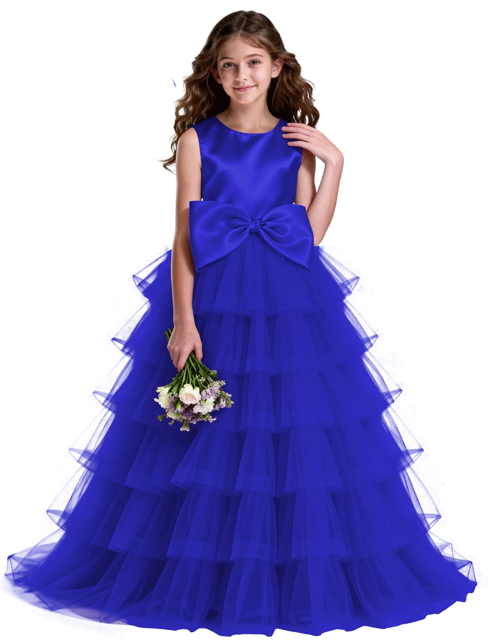 Layered Tulle Flower Girl Dress with Satin Bow