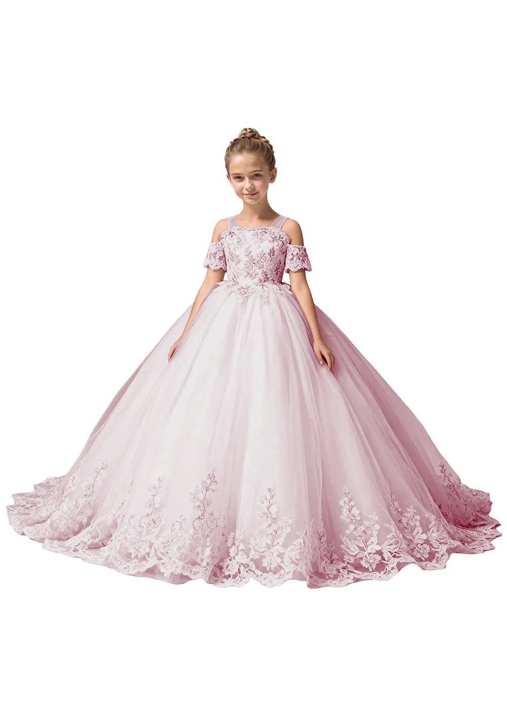 Off Shoulder Floral Embroidered Flower Girl Dress