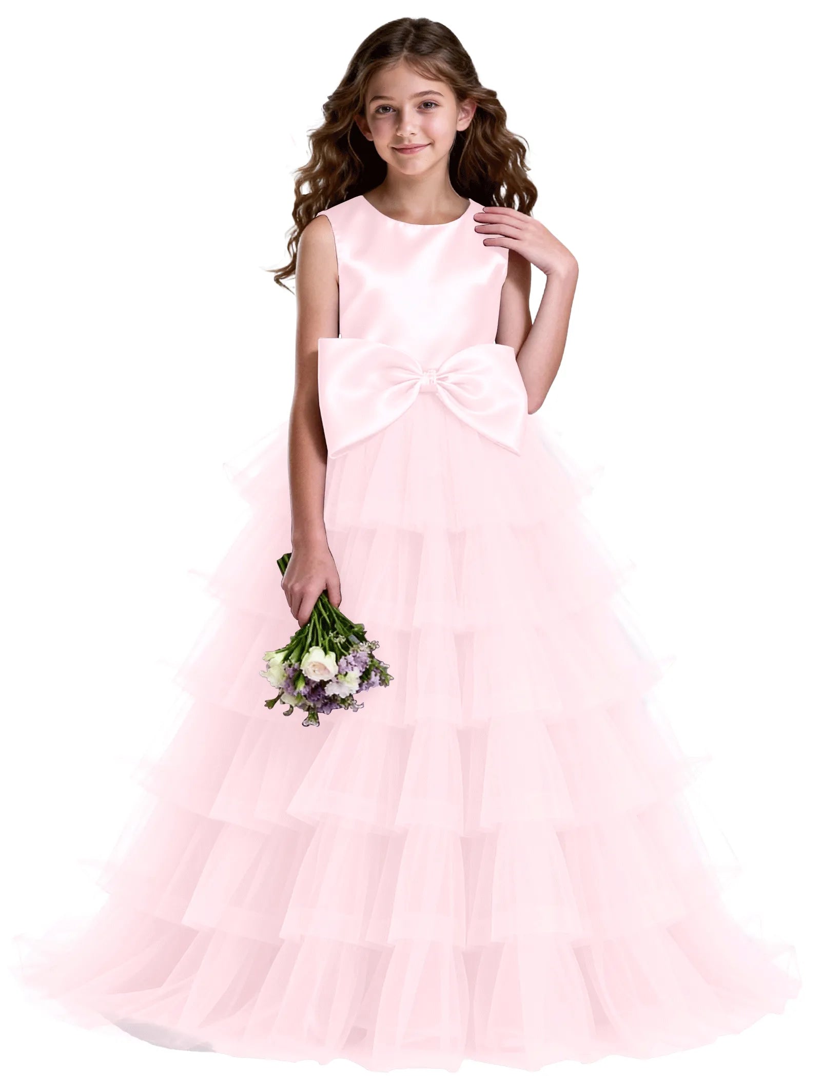 Layered Tulle Flower Girl Dress with Satin Bow