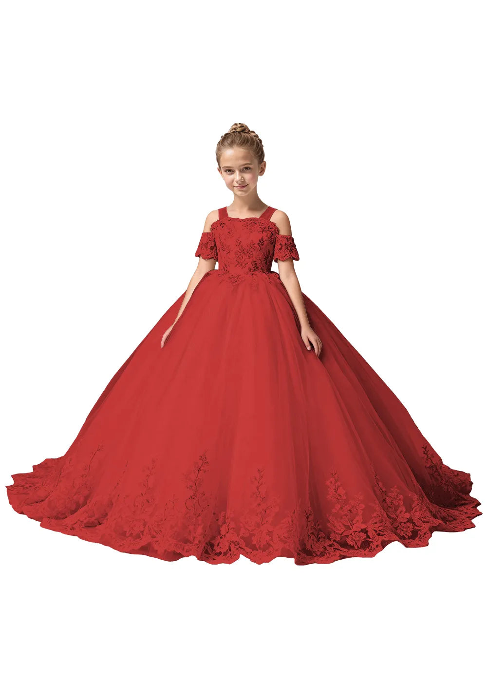 Off Shoulder Floral Embroidered Flower Girl Dress