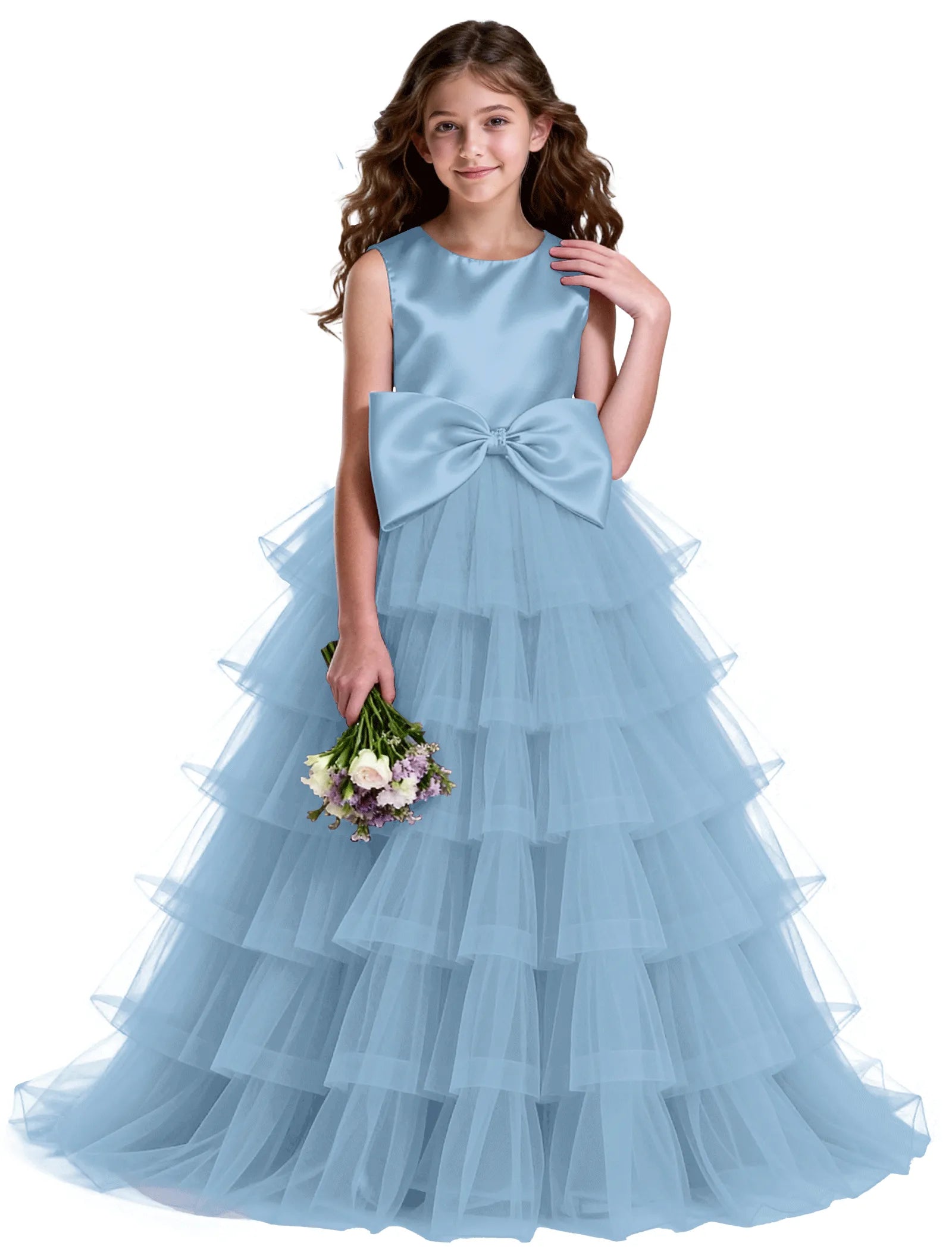 Layered Tulle Flower Girl Dress with Satin Bow