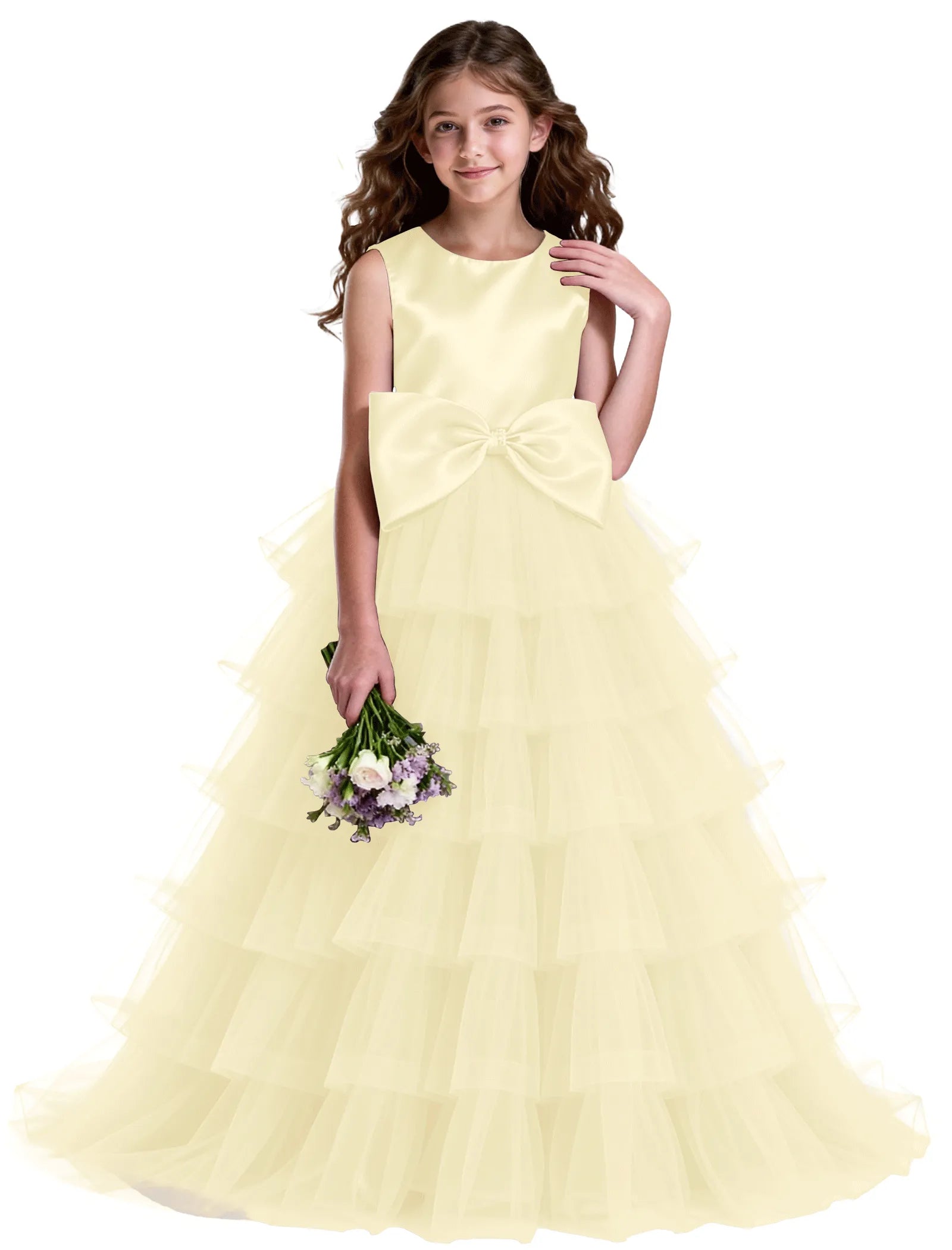 Layered Tulle Flower Girl Dress with Satin Bow
