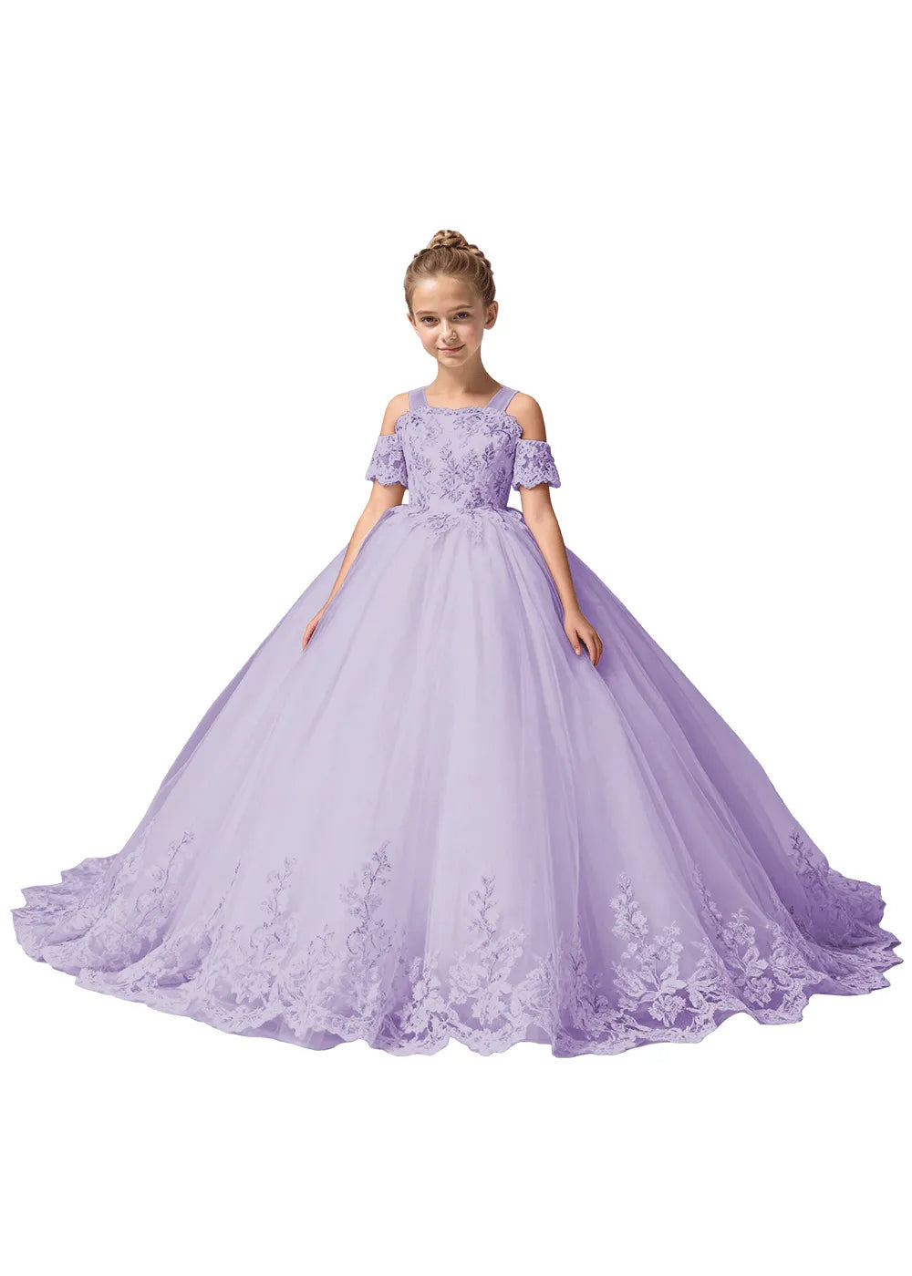 Off Shoulder Floral Embroidered Flower Girl Dress