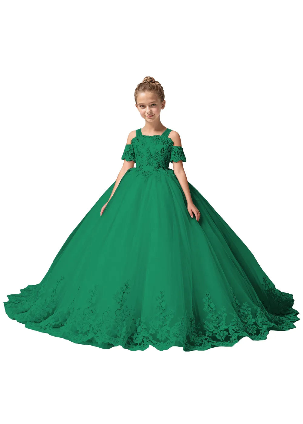 Off Shoulder Floral Embroidered Flower Girl Dress