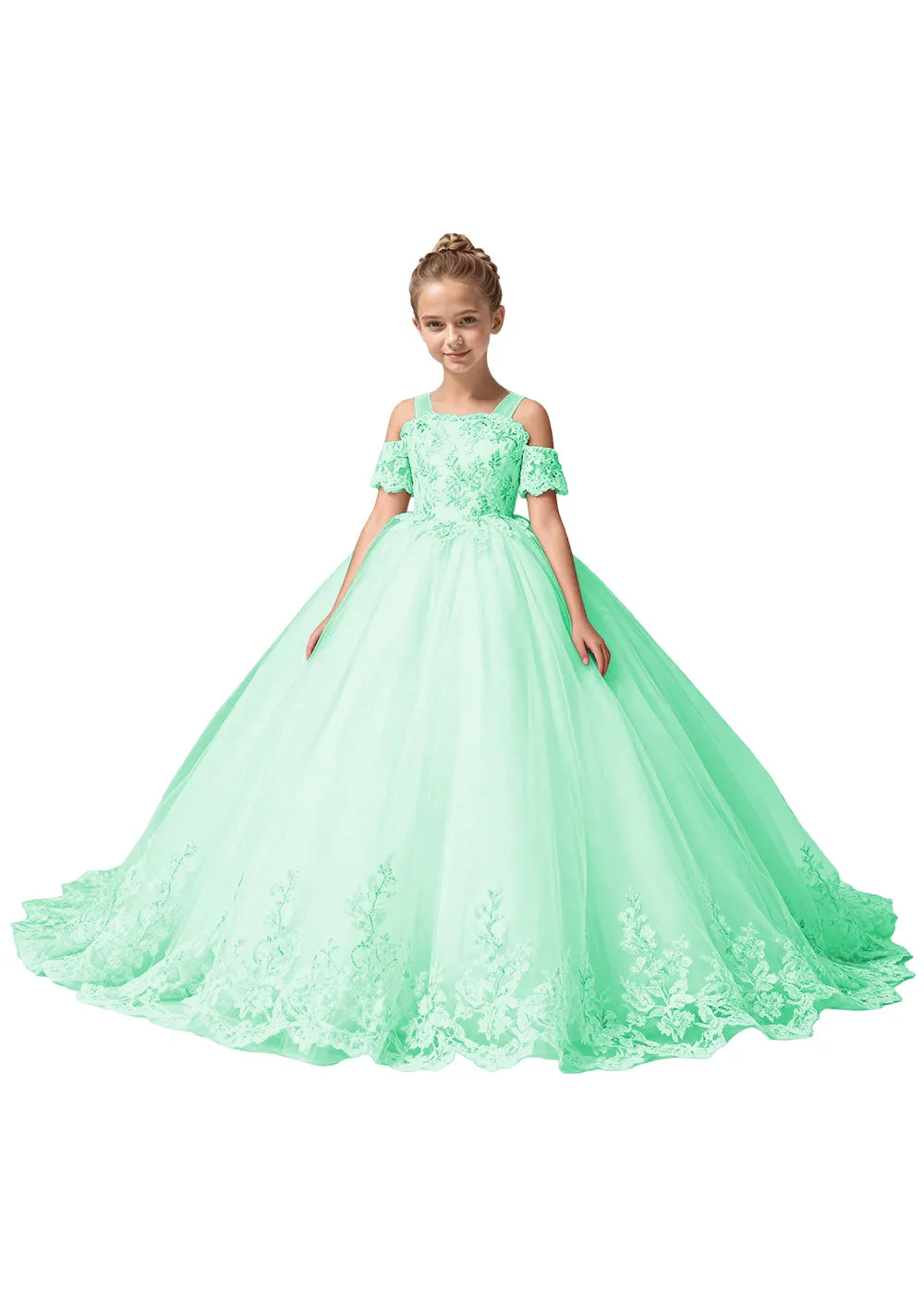Off Shoulder Floral Embroidered Flower Girl Dress