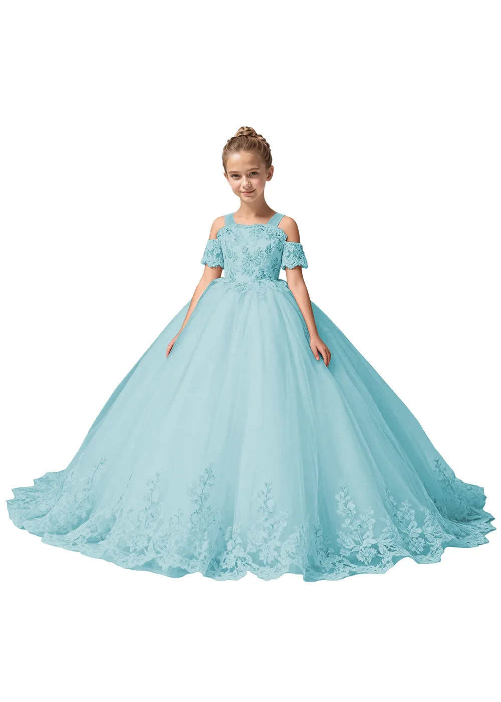 Off Shoulder Floral Embroidered Flower Girl Dress