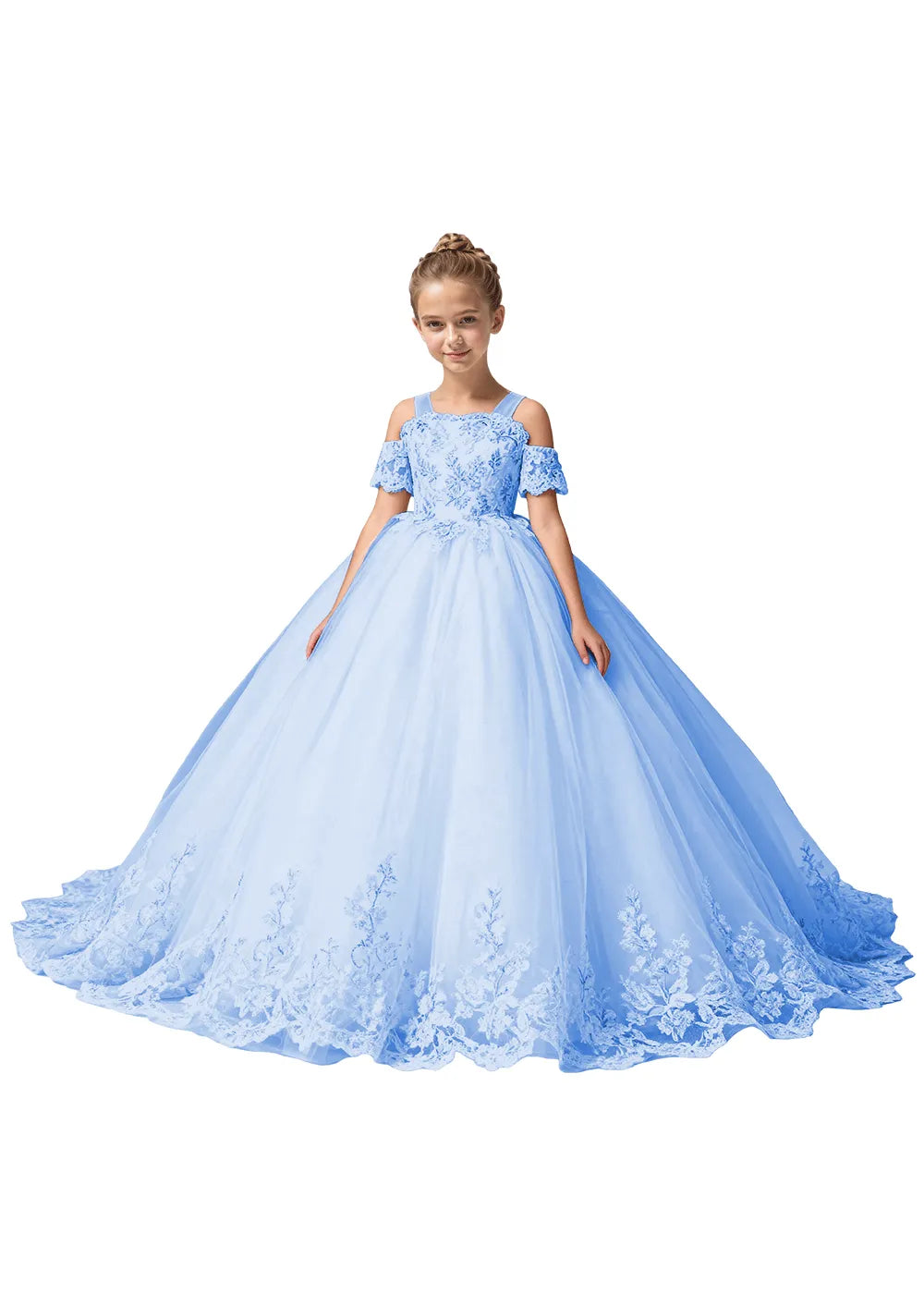 Off Shoulder Floral Embroidered Flower Girl Dress