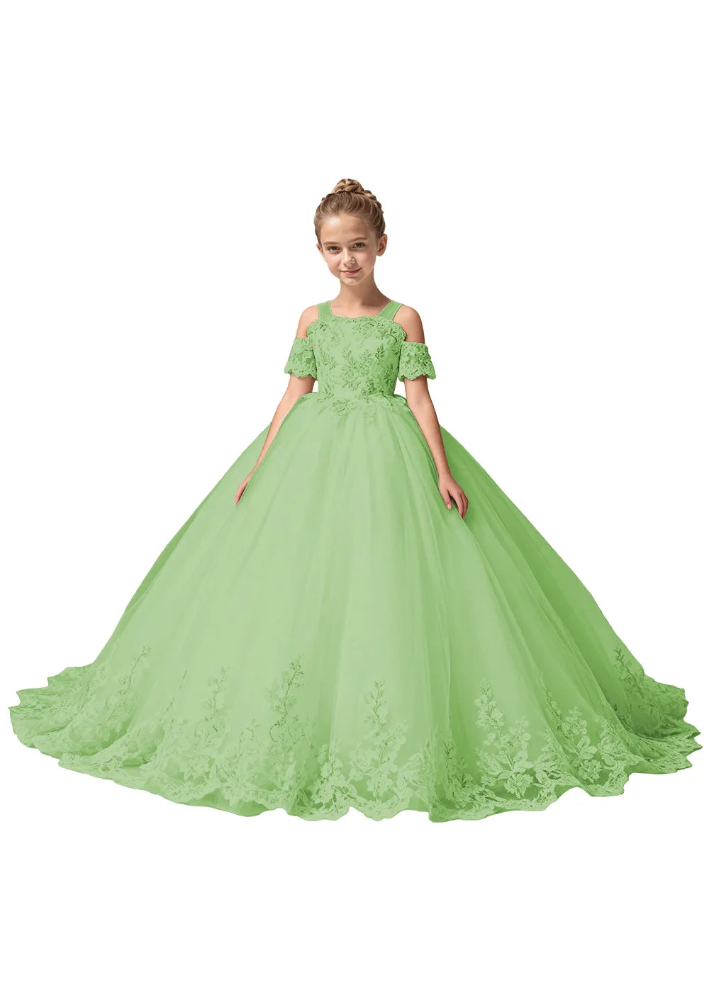 Off Shoulder Floral Embroidered Flower Girl Dress