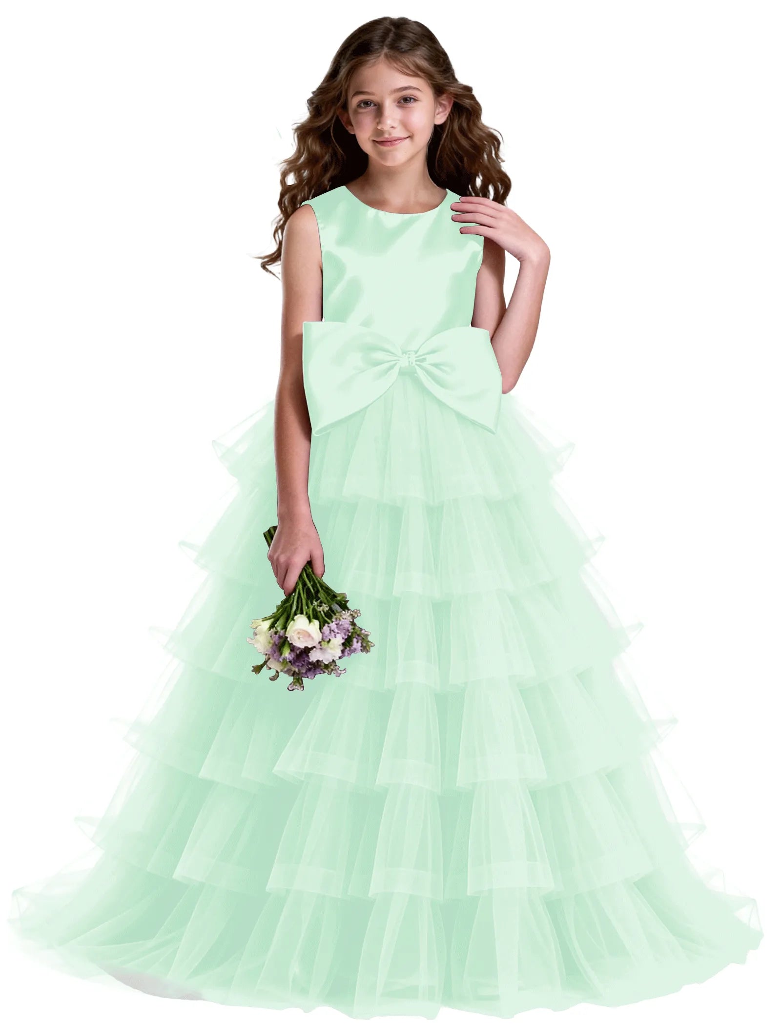 Layered Tulle Flower Girl Dress with Satin Bow
