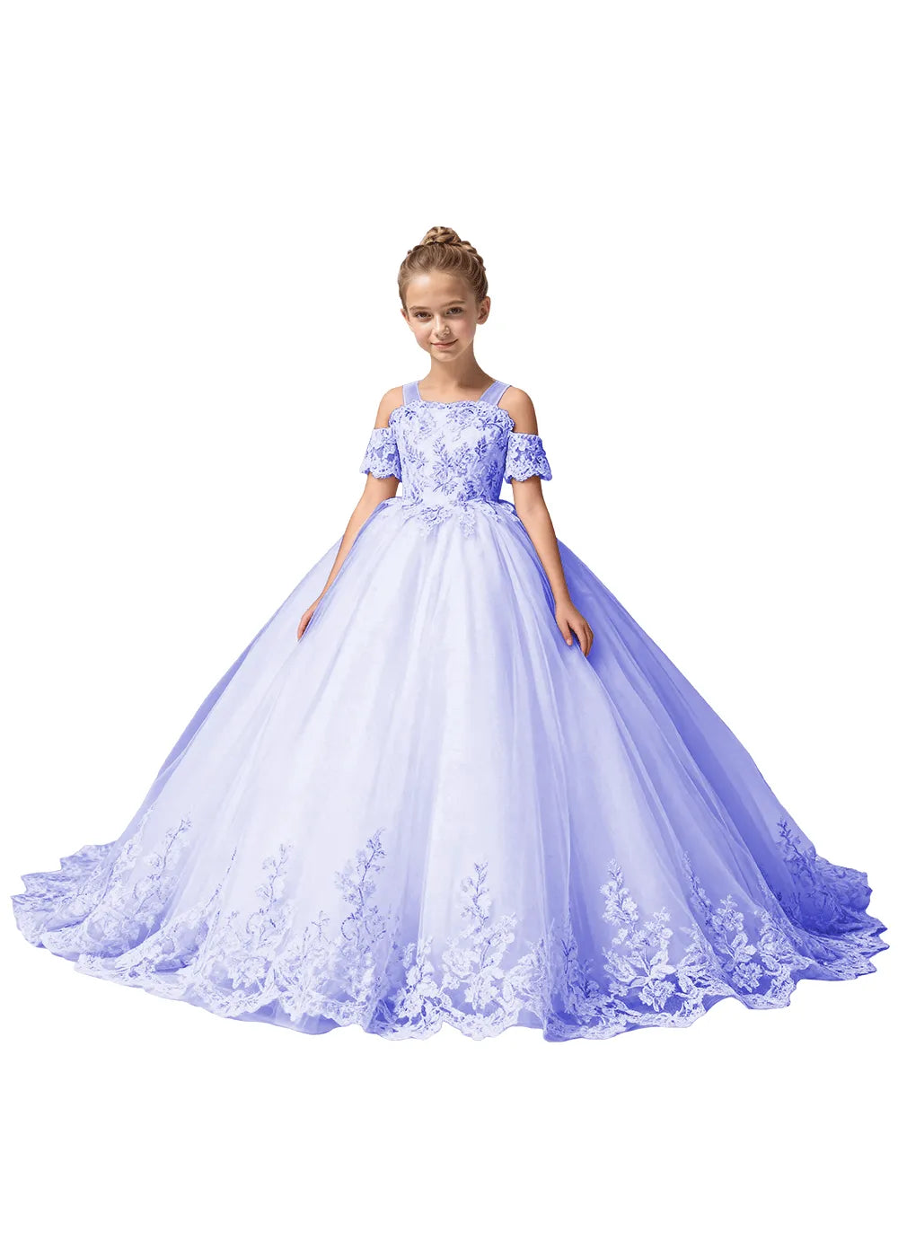 Off Shoulder Floral Embroidered Flower Girl Dress