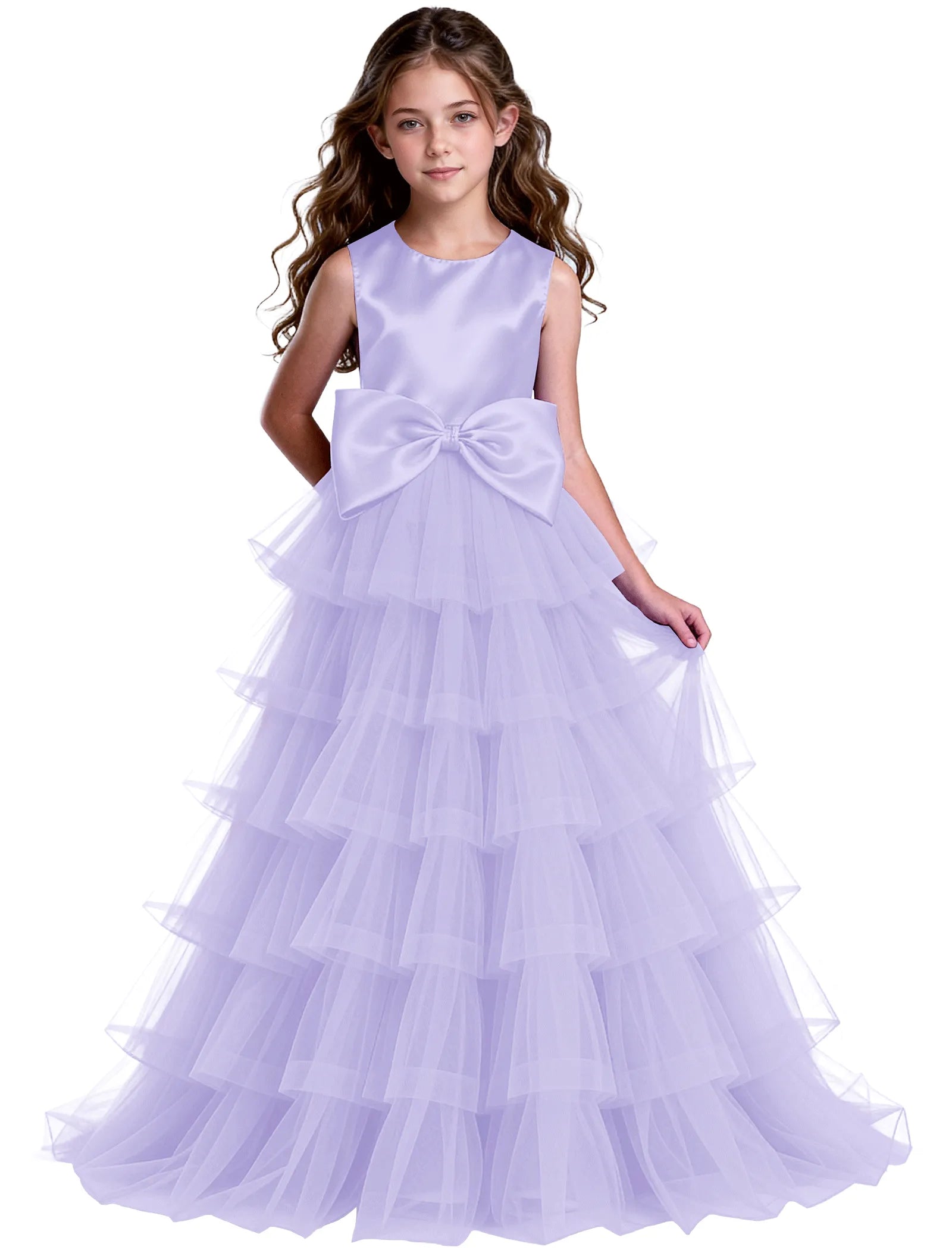Layered Tulle Flower Girl Dress with Satin Bow