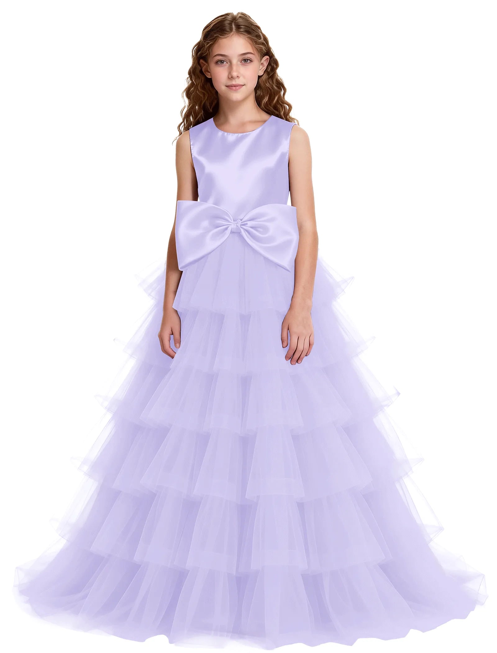 Layered Tulle Flower Girl Dress with Satin Bow